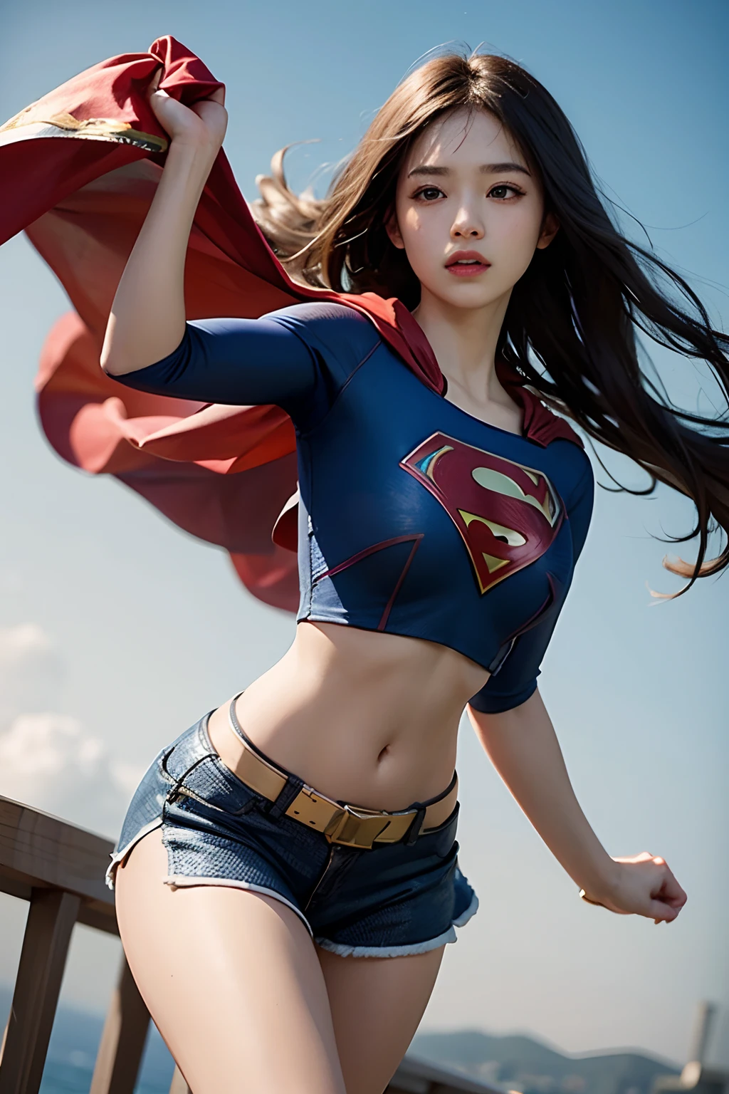 1 girl, solo, long hair, crop top, supergirl, superhero landing, japanese girl, koream girl