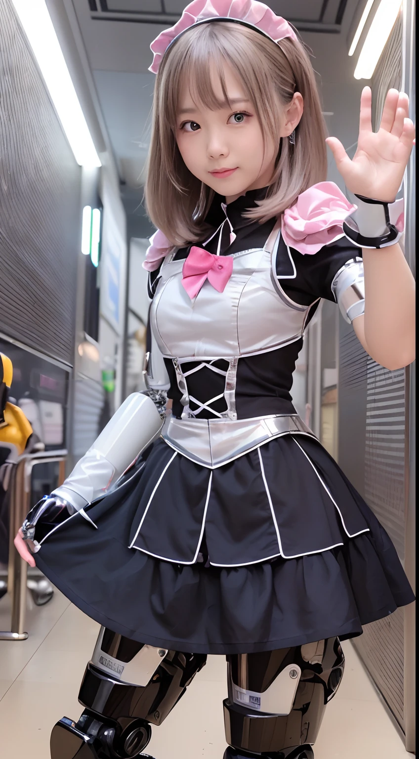 (Photorealsitic:1.4)、One lady、(top-quality)、(hyperdetailed face)、(Super well-formed face)、((Robot Parts))、(Female robot)、(26 year old)、(Silver)、(pink there)、(metallic)、(full-body)、(Sexy Pose)、(Slender body)、(Model body type)、(full body mech)、(Akihabara)、(is looking at the camera)、(A dark-haired)、(Well-proportioned body)、(a small face)、(well-groomed fingers)、(Idol)、(front facing)、(Standing with legs open)、(Banzai pose with open arms)、(Photo session)、(Looks sad)、(Wearing maid clothes)、(The Perfect Female Robot)、(Perfect machine body)