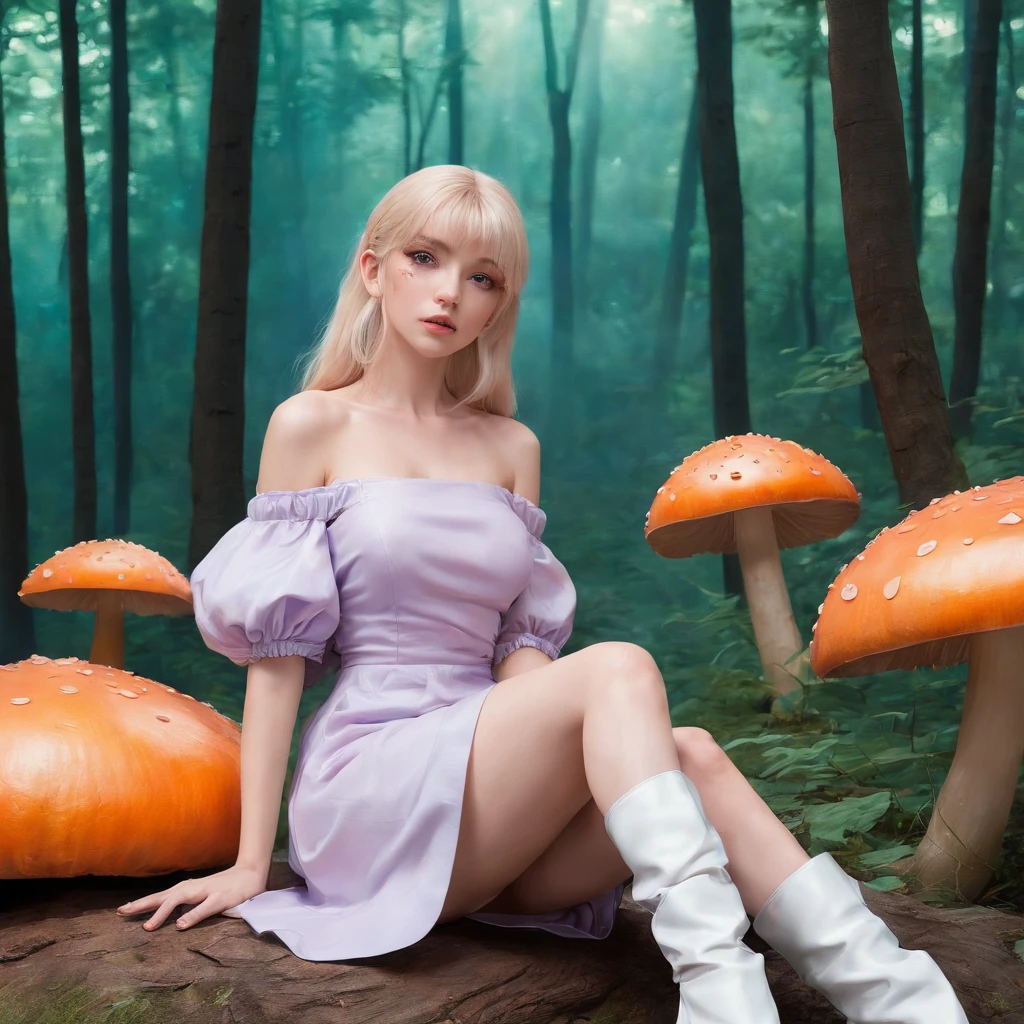 1girl, cute, slender, round face shape with angular jaw, blonde with bangs, blue eyes, topless,  picking wet pink colorful mushrooms in a celestial forest, colorful sunshine, stripe socks, pink skirt, windy