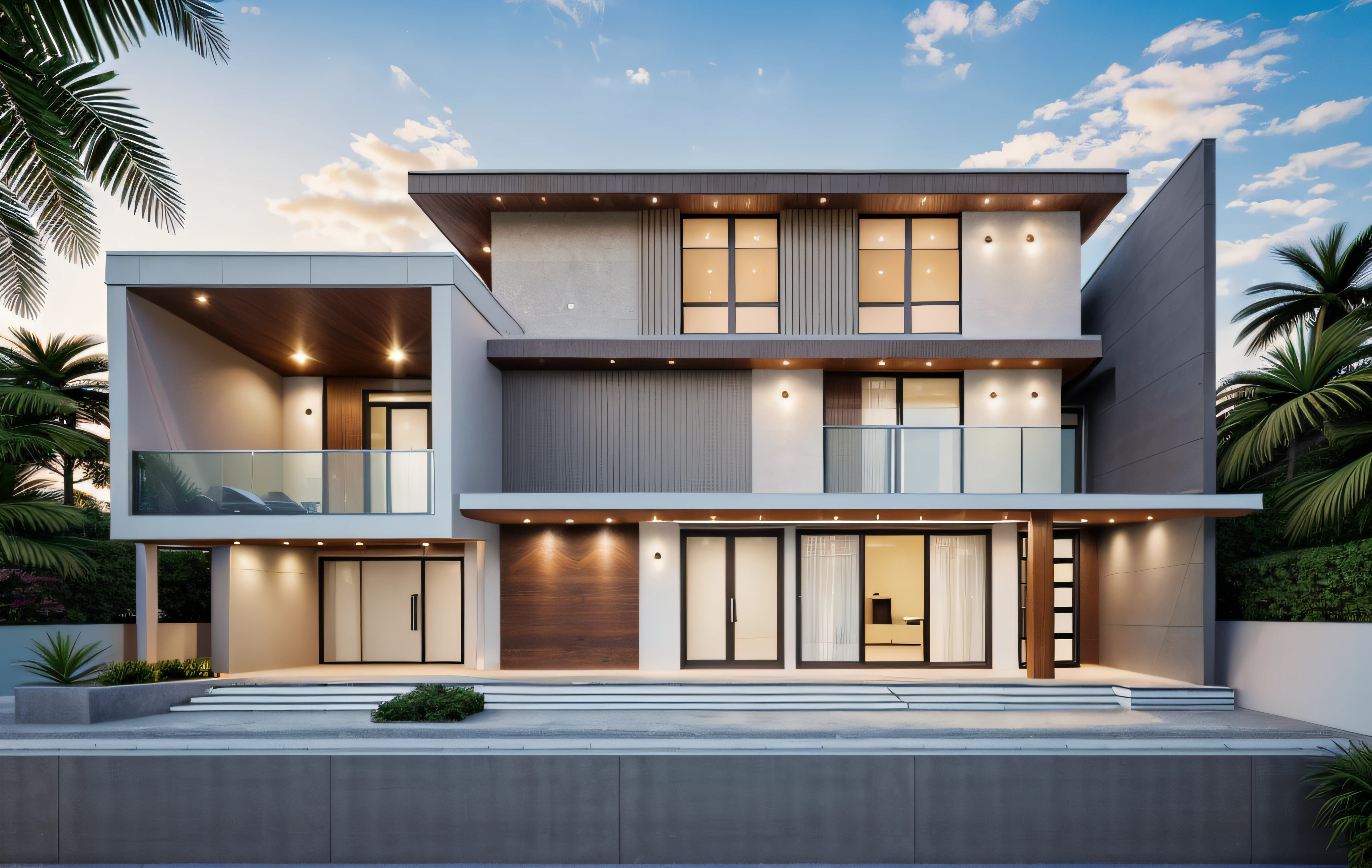 Ultra-realistic 8k, hd image quality, sharp detail, modern villa,(large glass windows), American Palm trees high,modern style, ((shimmering sky)), sunset light, feels peaceful, beautiful, close and warm, (((Warm light from indoor:1.3))), (daylight:1.1), perfect lighting,dynamic light, ((large glass doors)), ((night light)), peaceful space, ((nignt sky:1.3)), ((road in front of the house)), ((car:1.2))