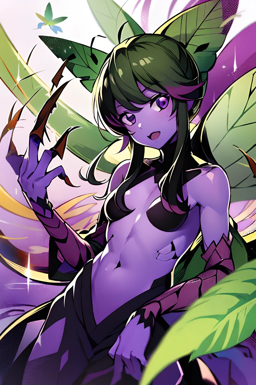 Kochou Shinobu as a Digimon, 1girl,masterpiece, multicolored hair, long sleeves, purple eyes, Insect , fairy ,Butterfly like, digimon\(creature\),((Purple Skin)), Butterfly wing, Insectoid arms ((,insect limbs))