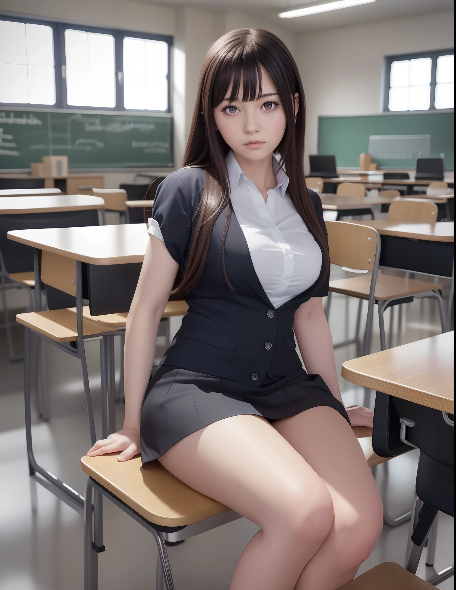 Anime girl sitting in chair with blackboard in classroom, Surrealism female students, Surrealism female students, Realistic schoolgirl, Beautiful Anime High School Girls, Smooth anime CG art, seductive anime girls, beautiful anime girl crouching, anime best girl, anime moe art style, attractive anime girls, female student, photorealistic anime girl rendering, standing in class