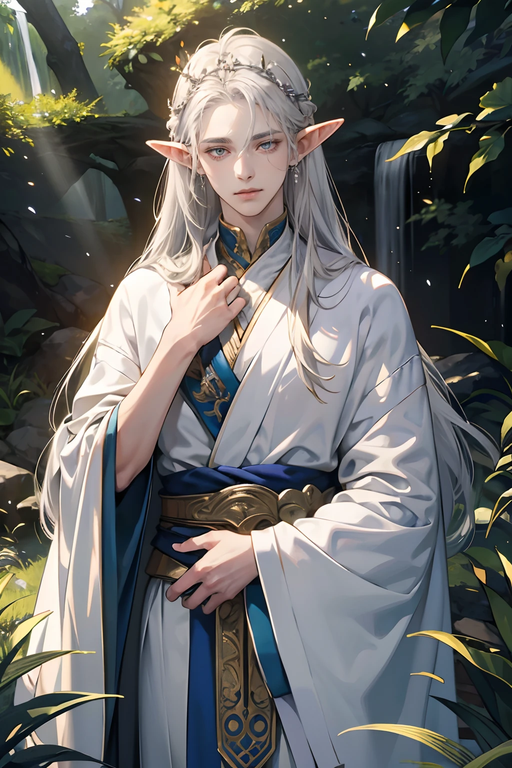 (tmasterpiece, high resolution, ultra - detailed:1.0), (1boy, Young male), Perfect male body, Eyes look at the camera, Extremely detailed CG, Unity 8k wallpaper, Complicated details, solo person, Detailed face, (half closed eyes,Silver eyes,sliver long hair,silver silk robe,jewelry,Elf crown),out doors, virgin fores,trees and flowers,waterfalls, Elven style robe,embroidery,Elven headdress, Expose forehead, color difference, Depth of field, dramatic shadow, Ray tracing, Best quality, offcial art,