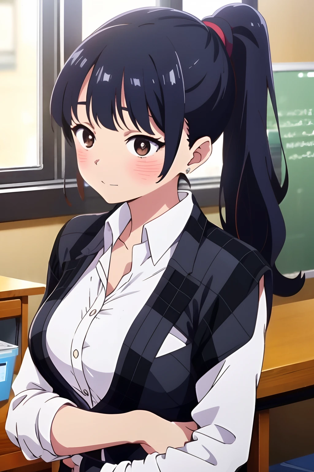 Anna yamada, school uniform, large breast, 1girl, ponytail, black hair, plaid, long hair, solo, brown eyes, blush, breasts, bangs, closed mouth, bare shoulders, delicate and sexy collarbone, wide shot, highest quality, high resolution.