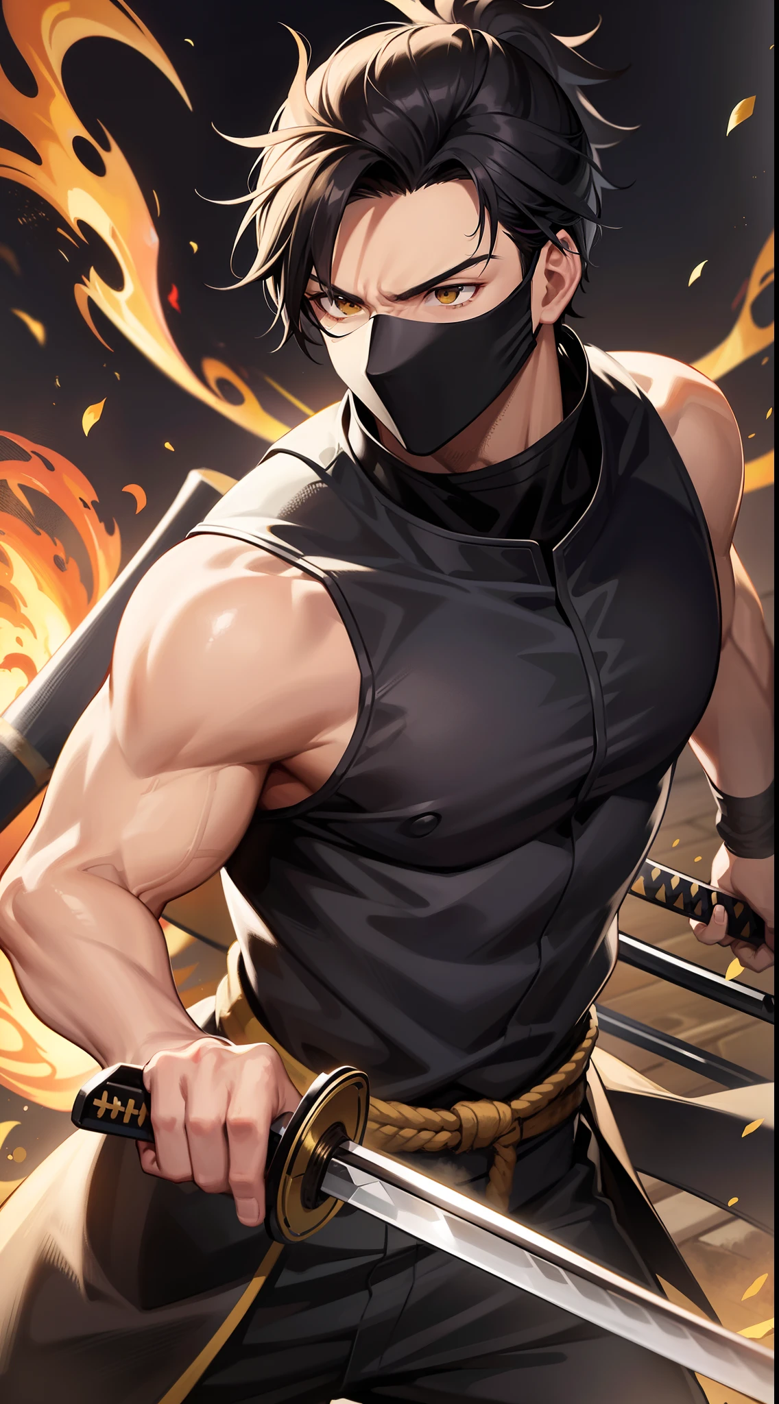 Grown-up guy, short black hair, high ponytail, Brown eyes, mask, Yellow shinobi kimono, Sleeveless, Scorpion, fire, katana, Masterpiece, hiquality, 4k, HD, Good detail