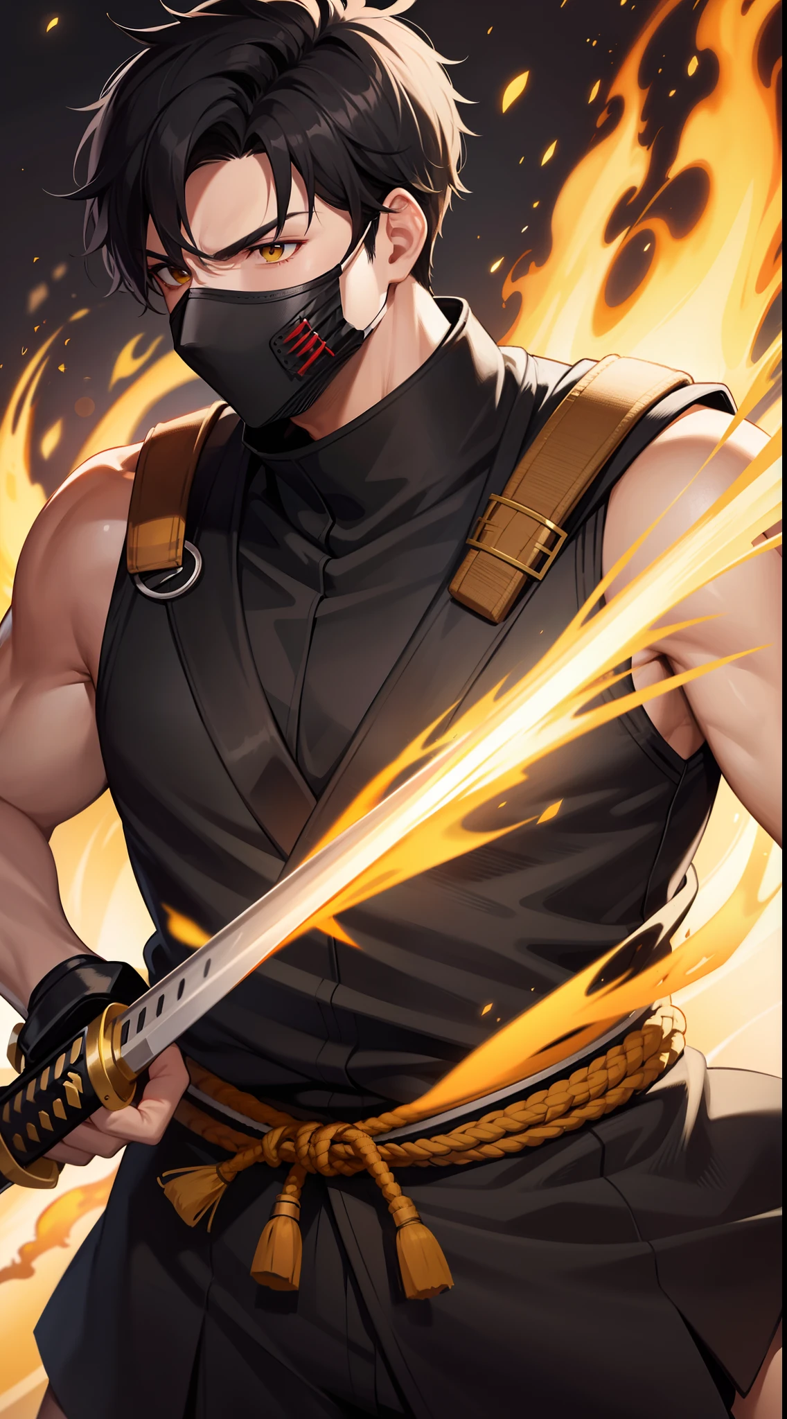 Grown-up guy, short black hair, high ponytail, Brown eyes, mask, Yellow shinobi kimono, Sleeveless, Scorpion, fire, katana, Masterpiece, hiquality, 4k, HD, Good detail