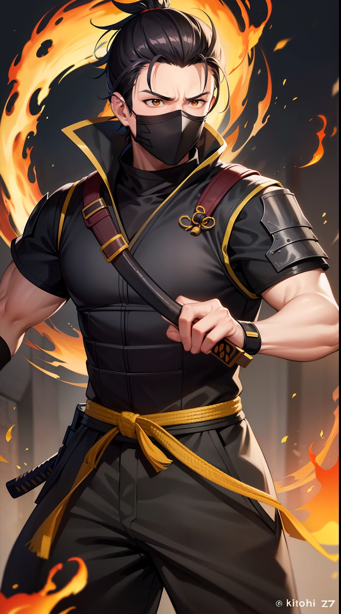Grown-up guy, short black hair, high ponytail, Brown eyes, mask, Yellow shinobi kimono, Sleeveless, Scorpion, fire, katana, Masterpiece, hiquality, 4k, HD, Good detail