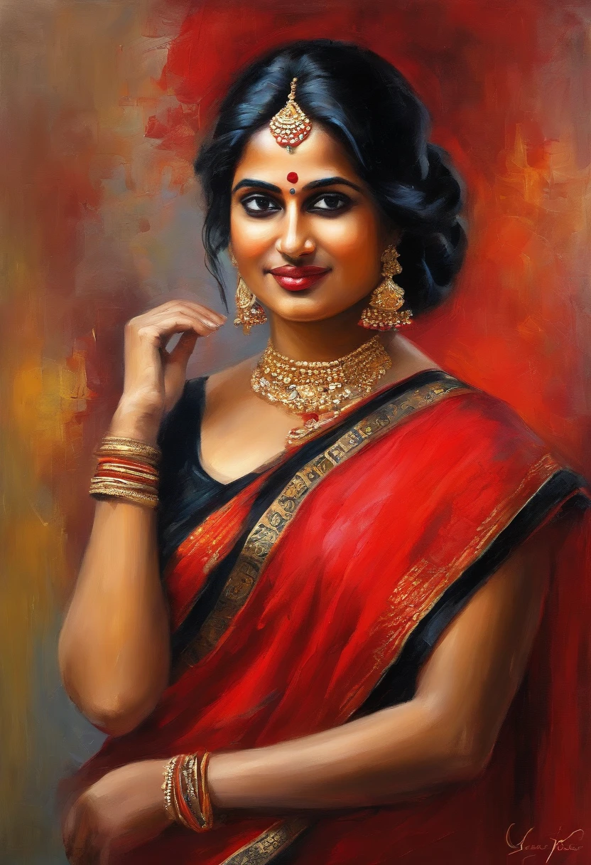 (Red saree, black necktie), tie Hair Hair, black hair, very detail, ((tmasterpiece, great quality)), a 1girl,, close up face, bust, south Indian young girl face, big boobs, sexy hip, wide hip,
