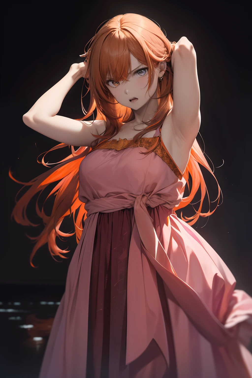 Black background、bustshot、an oil painting、masterpiece、top-quality、hight resolution、((Orange hair))、Long hair、((Pink dress))、off shoulders、Shoulders are visible、angry looking face、Yelling、front facing、Reflection from the waist to the head、Holding your head with your hands
