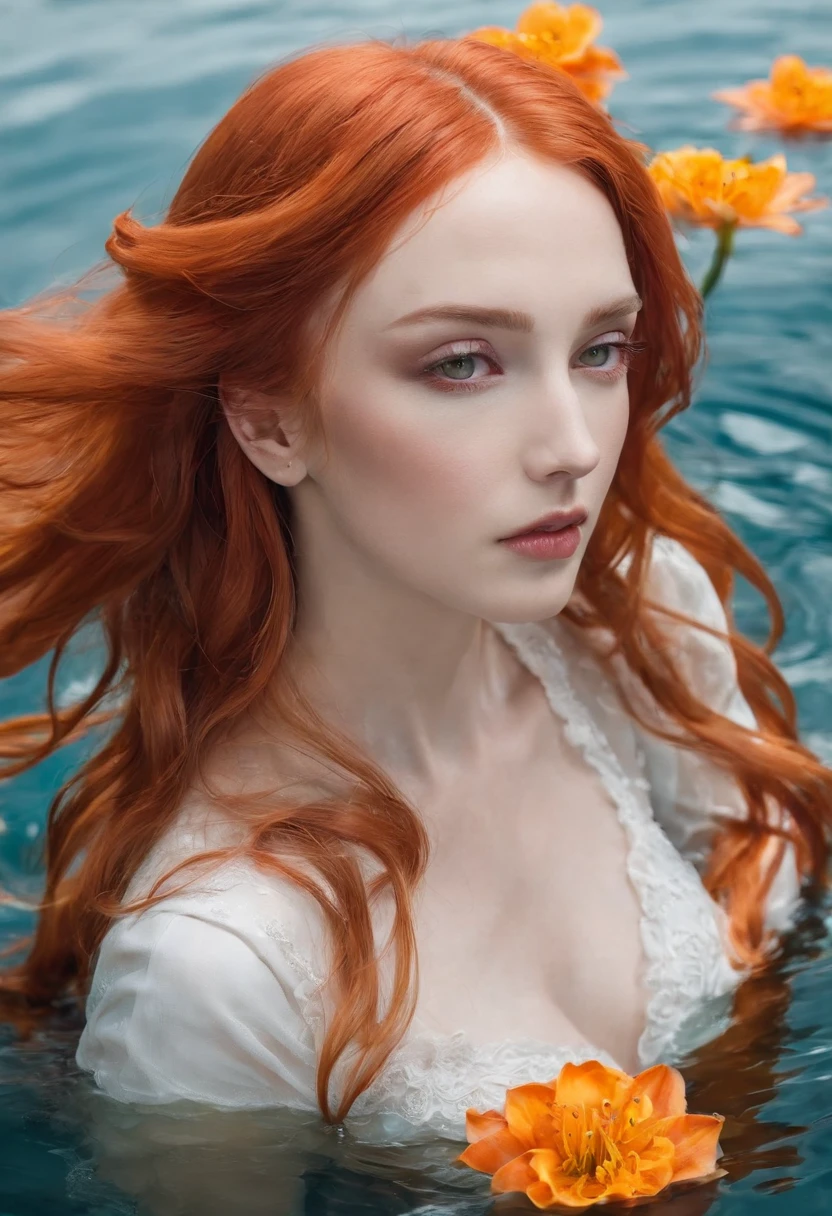 Girl in the water, Long red flowing hair, Angel wings, an orange、amarelo、White lily flowers