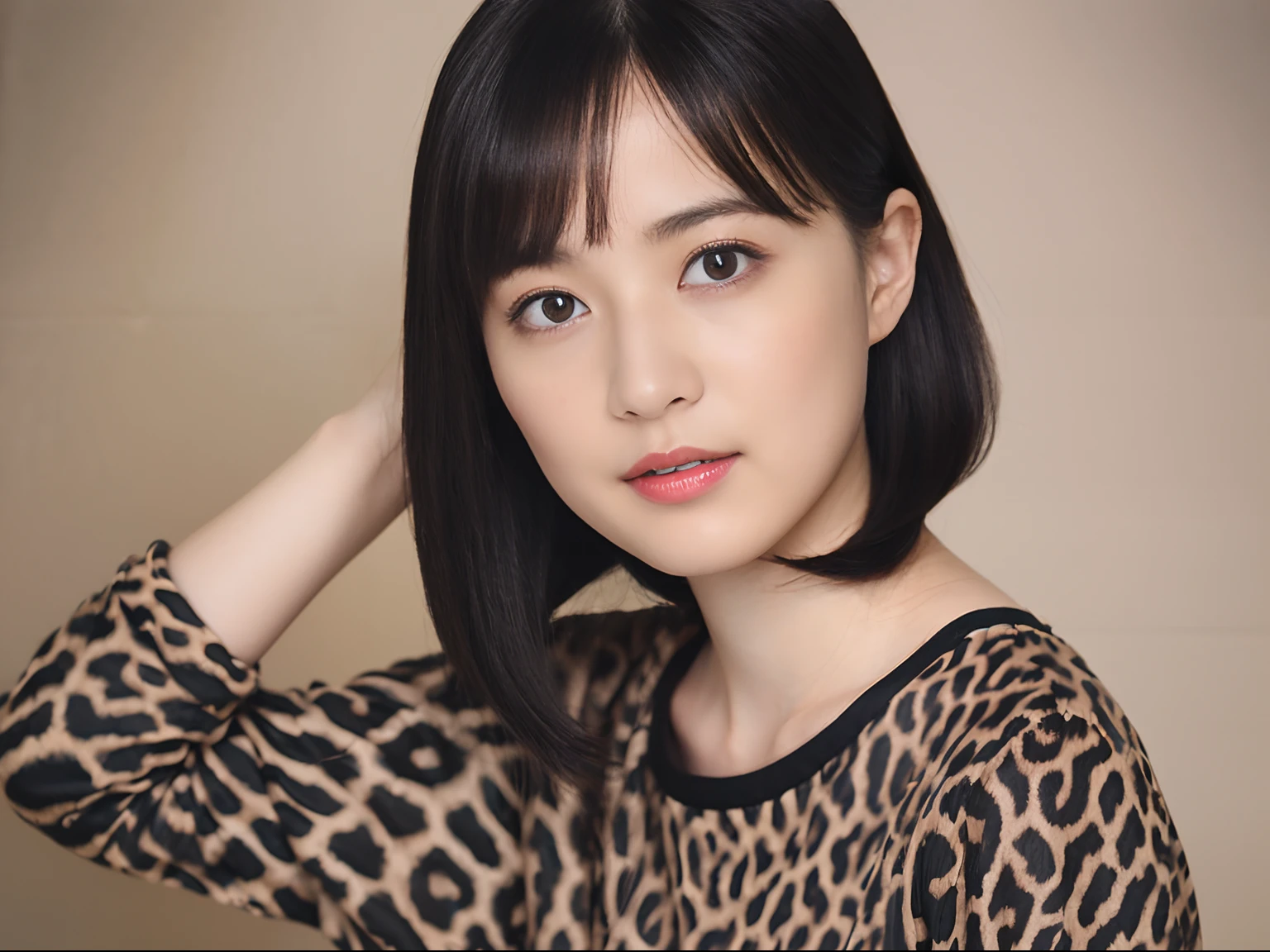 (Black Shorthair:1.2), (a 20 yo woman), (A hyper-realistic), (masutepiece), (8KUHD), Looking at the camera, jeans, (Animal print clothes), large full breasts, hairaccessories