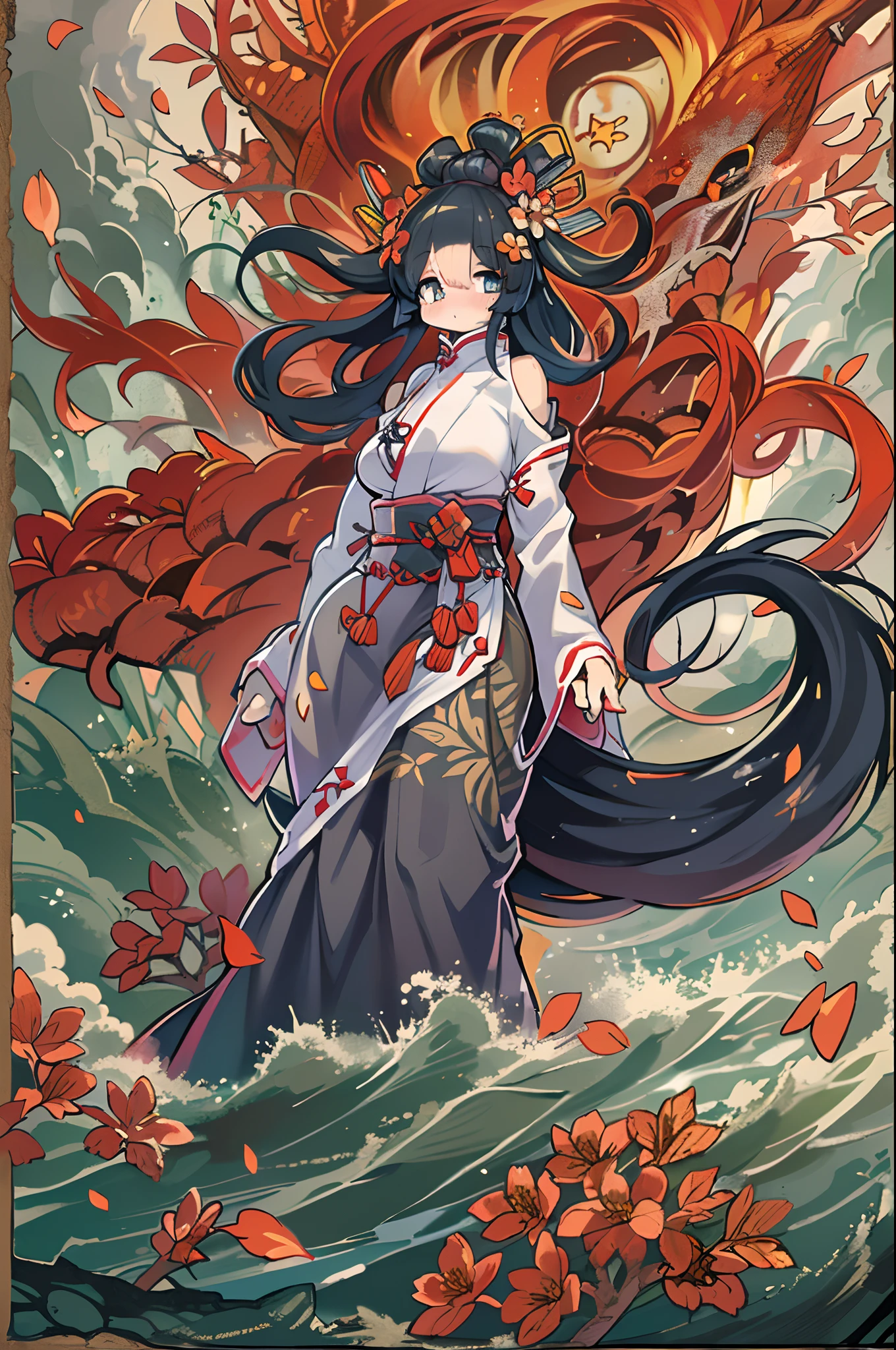 (Divine Beast), Nine-Tailed Demon Fox, Dynamic Body Type, (Chinese monster), Handsome, splashed ink, Chinese, 1girl in, ((Full body), ((2.5D)), Floating hair, Beautiful eyes, Delicate eyes, Delicate silhouette, Fantasy Art, (Black and Red Antique Brocade Humph), FOV, (masutepiece), Frontal shot, side portrait, White background, (Cinematic poster), sharp, Splash, cloud, flower petals, empty, skyporn, (wide-angle lens), Vista