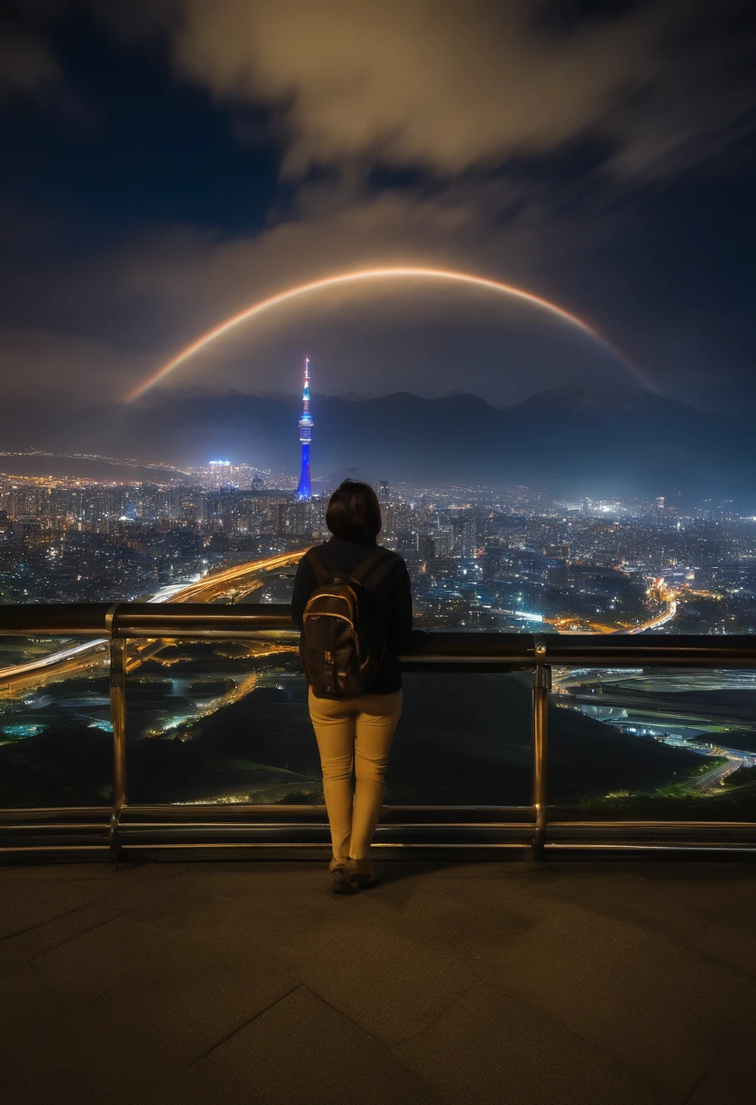 Huge crescent、high-level image quality、primitive、Stand at Tokyo Skytree、20-year-old woman、nighttime scene、milky ways、Andromeda Nebula、Tokyo streets、Flowing light、Metropolitan Expressway Interchange、fort、Rainbow bridge、Approaching planets,High mountains in the distance,A Chinese dragon looming in the clouds