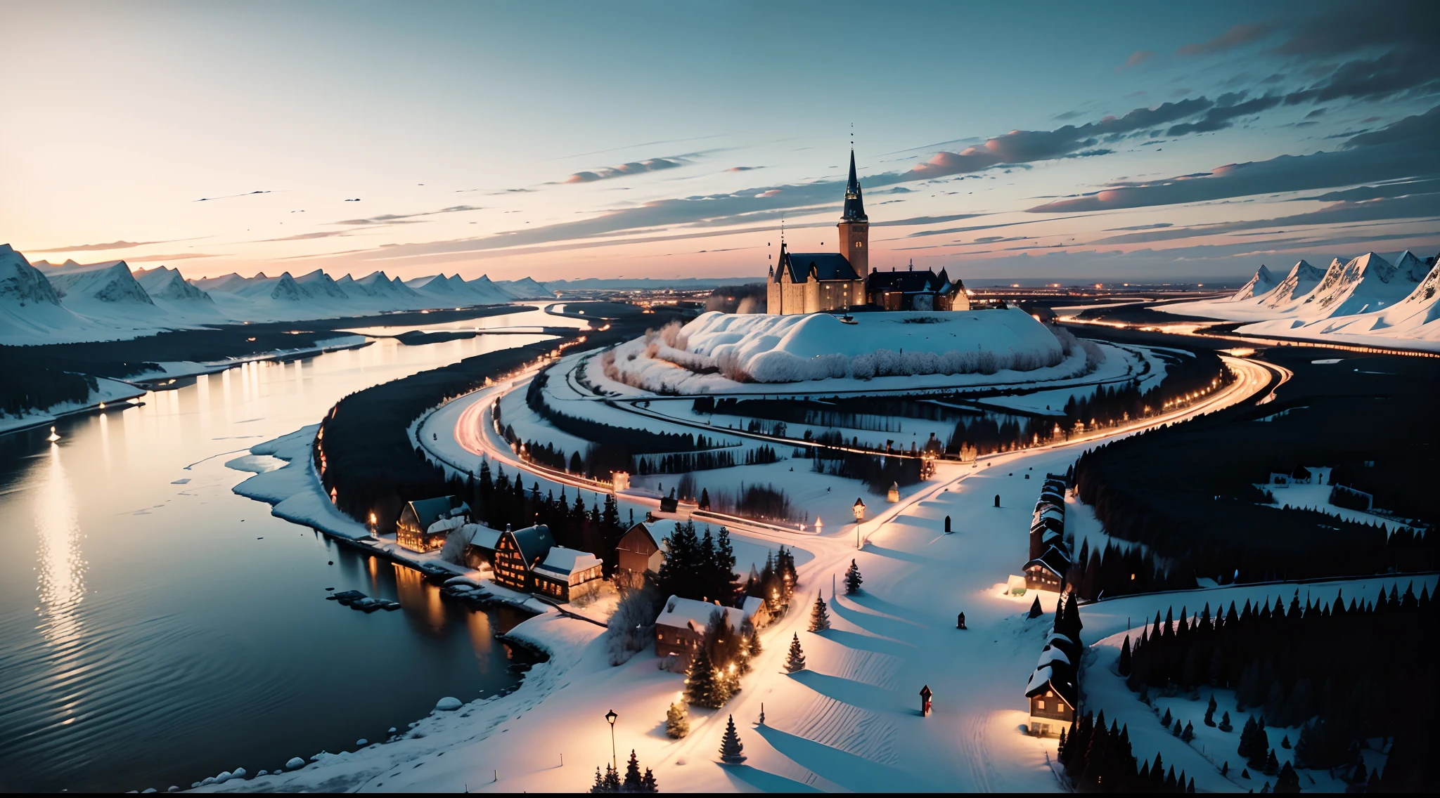 Stockholm, a historical medieval town in land covered by snow with Sweden style, some wooden buildings and wooden church, coastal, next to Baltic Sea with ice floating and at estuary of 1River, scattered channels in the town, small and vulgar and diversified small 12 houses some near some faraway with dirt road with farmland outside the town situated on shore in the image, climate is very cold and humid, Palace in the middle, wall and gate surrounding the town, frozen undulating plain, with fairly flat lowlands alternating with hills, big scale, big size, sunset, random views, landscape, beautiful sky, Northern Lights, background is frozen estuary and river delta, 16th century, renaissance, age of exploration, Coniferous forest
