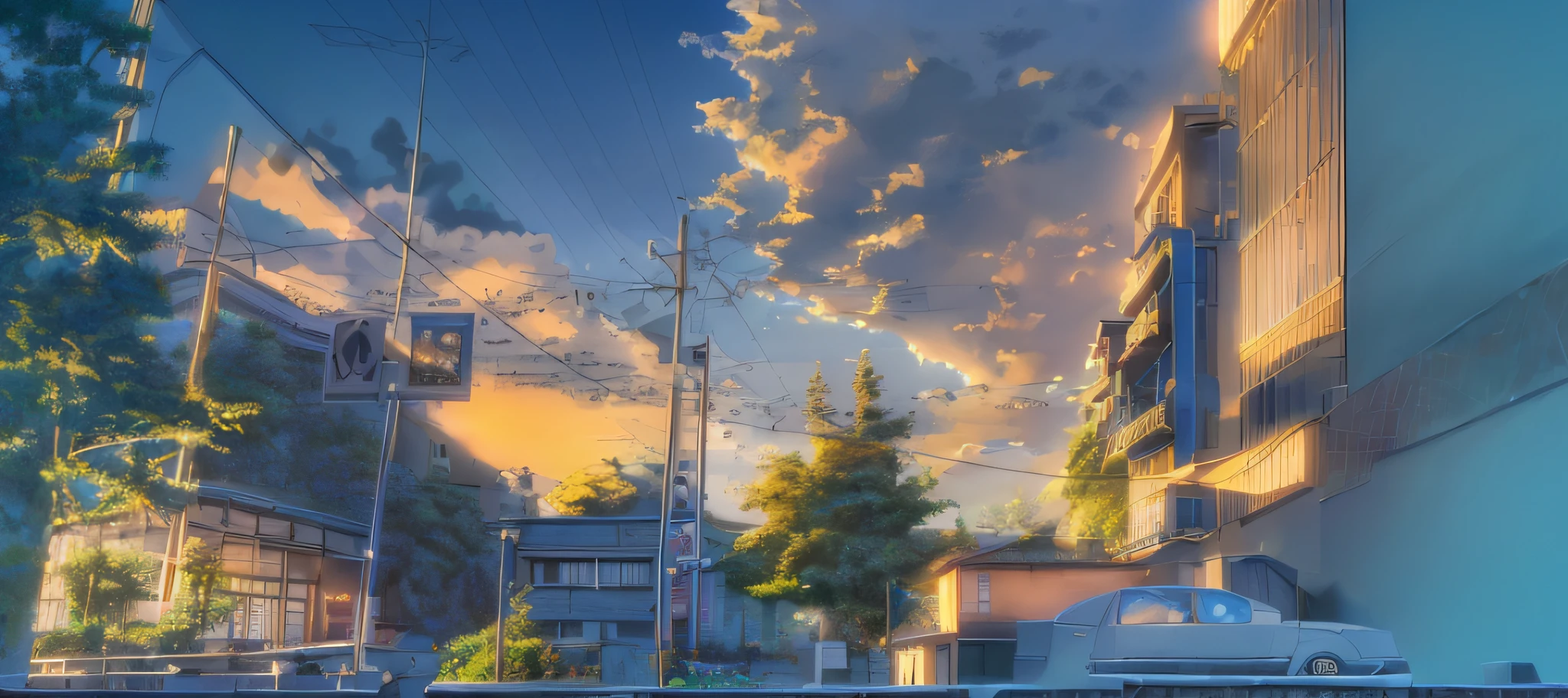 (best quality,4k,8k,highres,masterpiece:1.2),anime,beautiful detailed architecture,vibrant sunlight,exquisite sky and clouds,picturesque street scenery