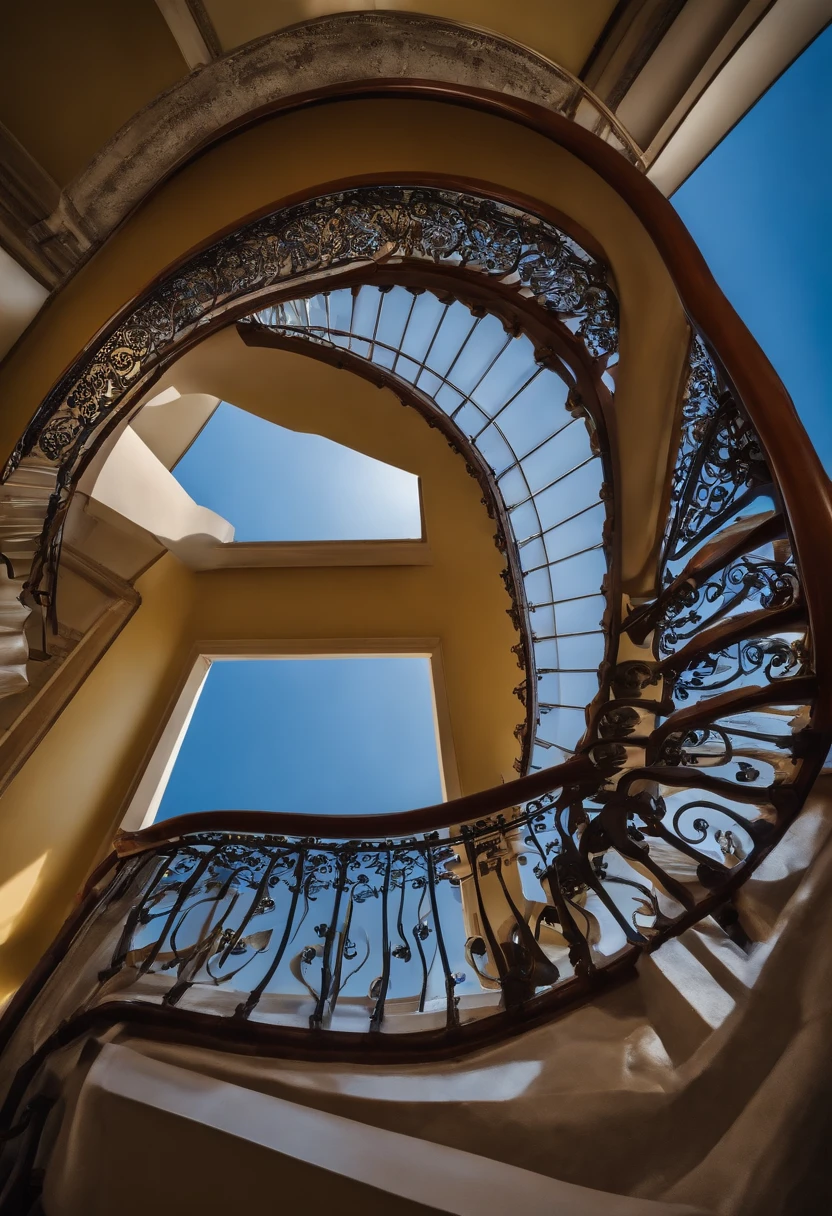 a spiral staircase that reaches to the sky, COM uma pessoa subindo os degraus da escada