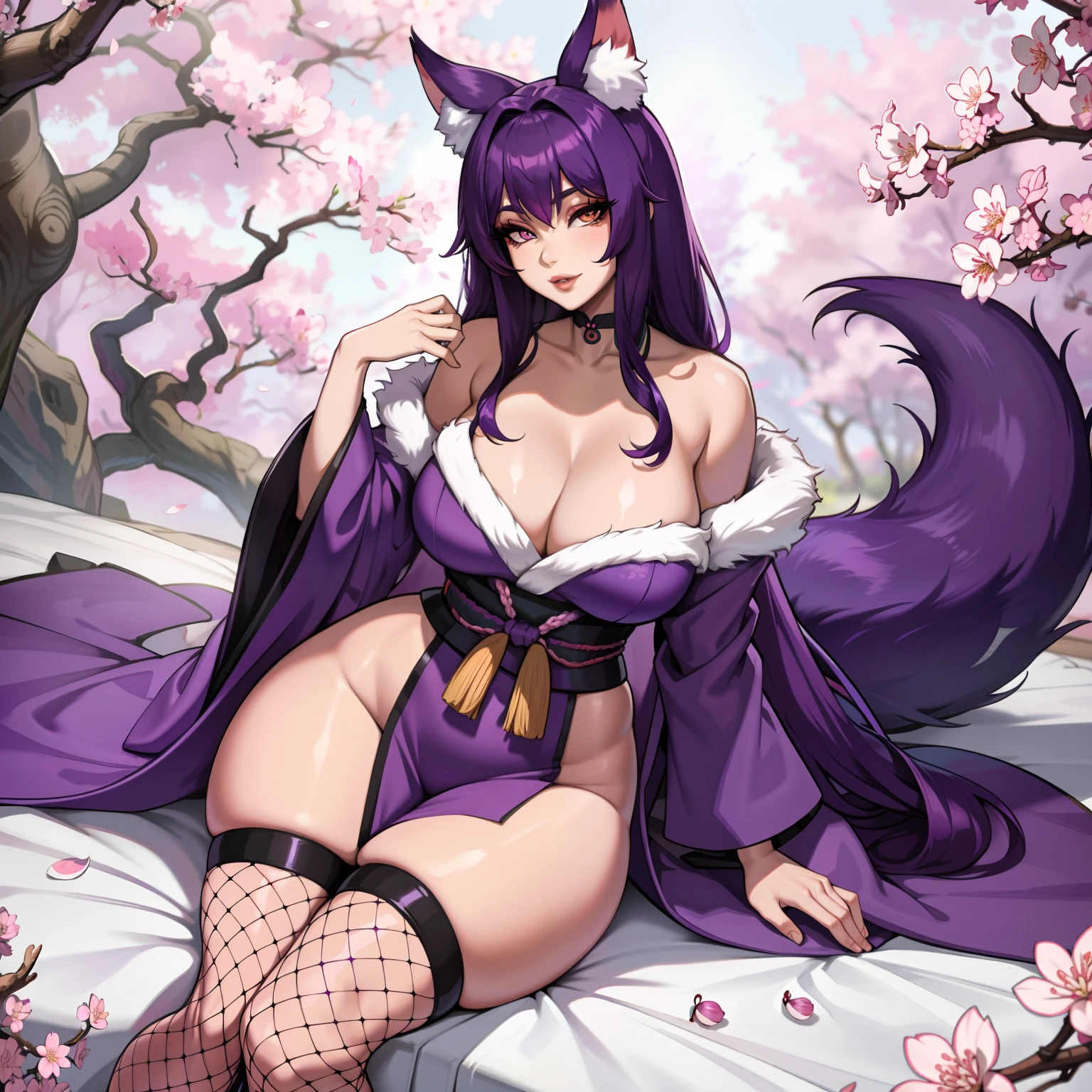 Curvy purple haired 9 tailed kitsune wearing fur lined robe and cherry blossom kimono, wearing thigh high fishnets (ALONE)(SOLO), alone, solo