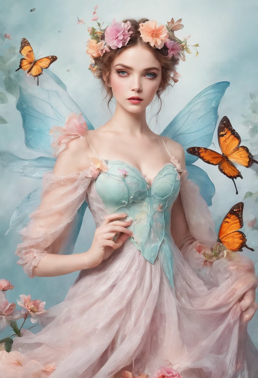 Beautiful woman in fairy costume, 22year old, Mature face, Amber eyes, Large breasts, Surrounded by flowers and butterflies. Content: Watercolor painting. Style: Capricious and delicate, Like illustrations in children's books.