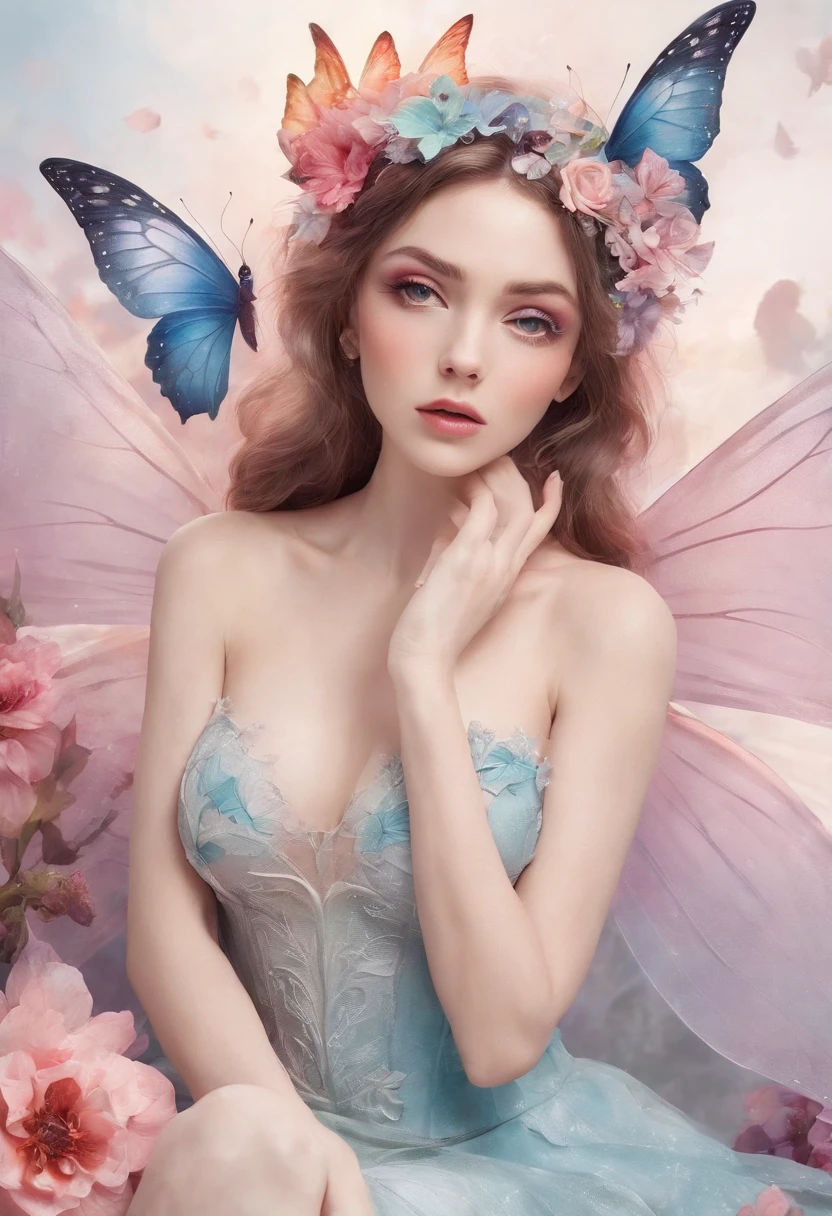 Beautiful woman in fairy costume, 22year old, Mature face, Amber eyes, Large breasts, Surrounded by flowers and butterflies. Content: Watercolor painting. Style: Capricious and delicate, Like illustrations in children's books.
