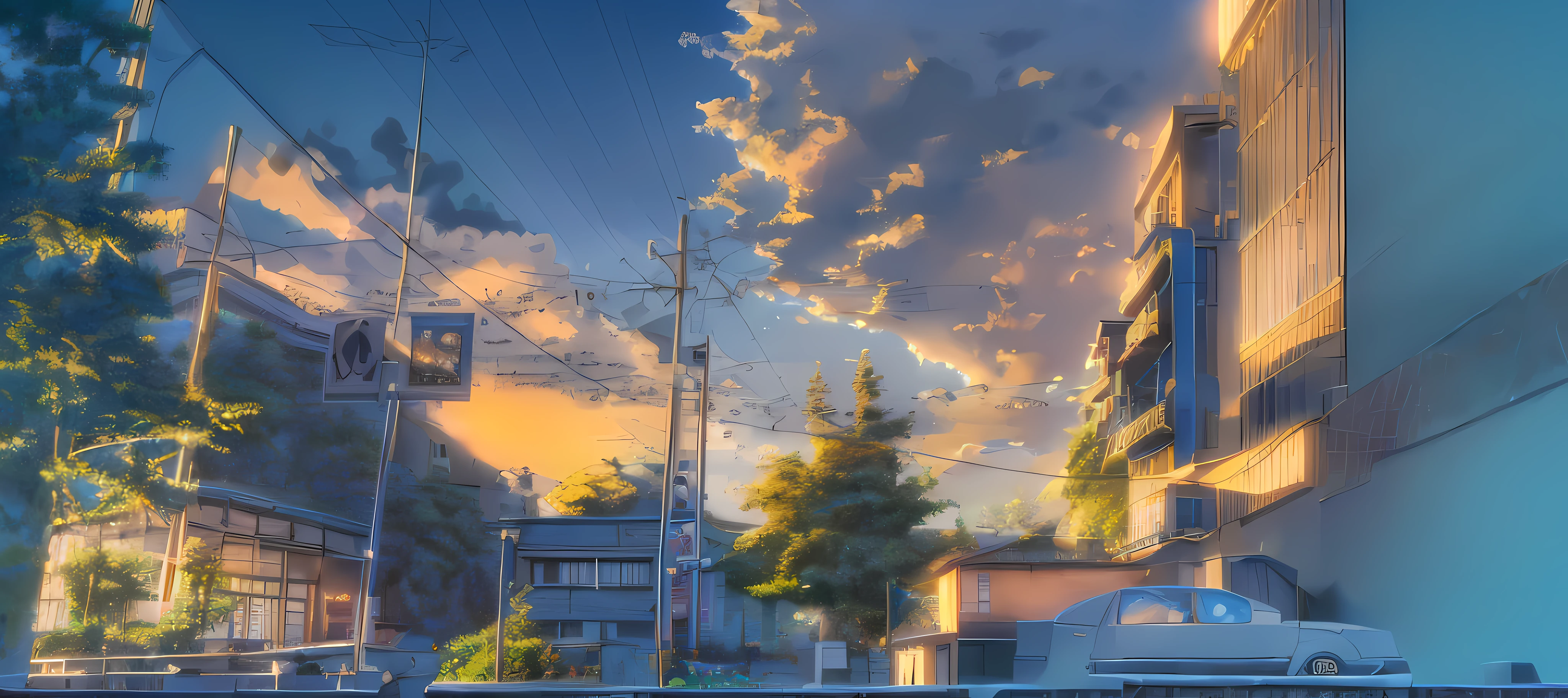 (best quality,4k,8k,highres,masterpiece:1.2),anime,beautiful detailed architecture,vibrant sunlight,exquisite sky and clouds,picturesque street scenery