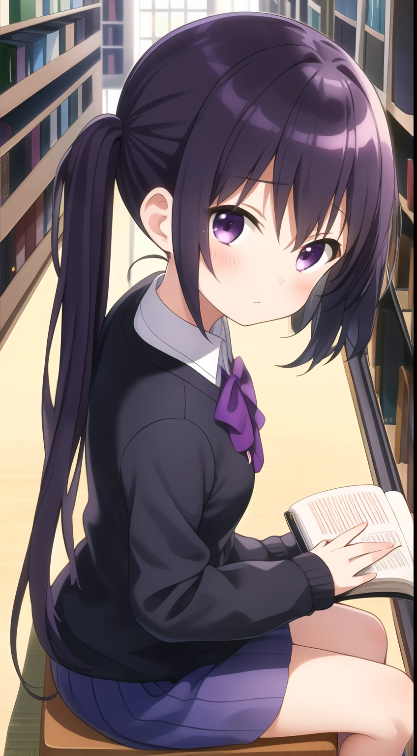 masterpiece, 1girl, (purple black hair), twin tails, (library), (I read a book), sit, from side, looking side
