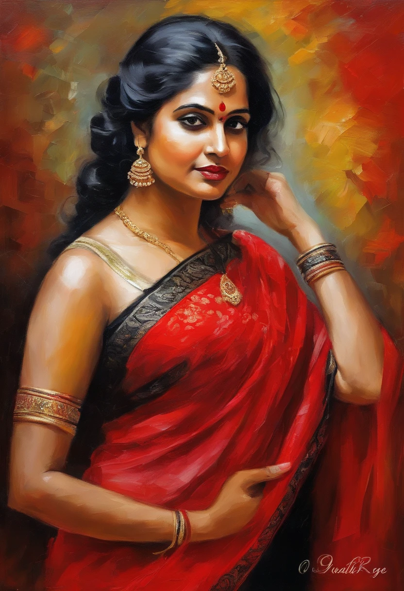 (Red saree,  black necktie), tie Hair Hair, black  hair, very detail, ((tmasterpiece, great quality)), a 1girl,, close up face, bust, south Indian young girl face, big boobs, sexy hip, wide hip,