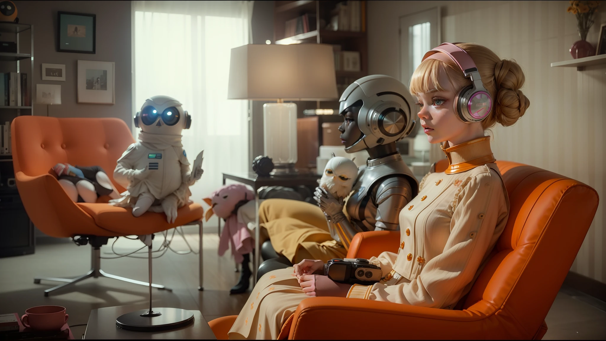 araffe and a woman sitting in a chair in a living room, humanoid robot from ex machina, beer advertisement, screengrab, as a retrofuturistic heroine, inspired by Herbert Bayer, taylor swift as princess leia, servers, sprite, sitting at table, doja cat, computation, beyonce --auto --s2