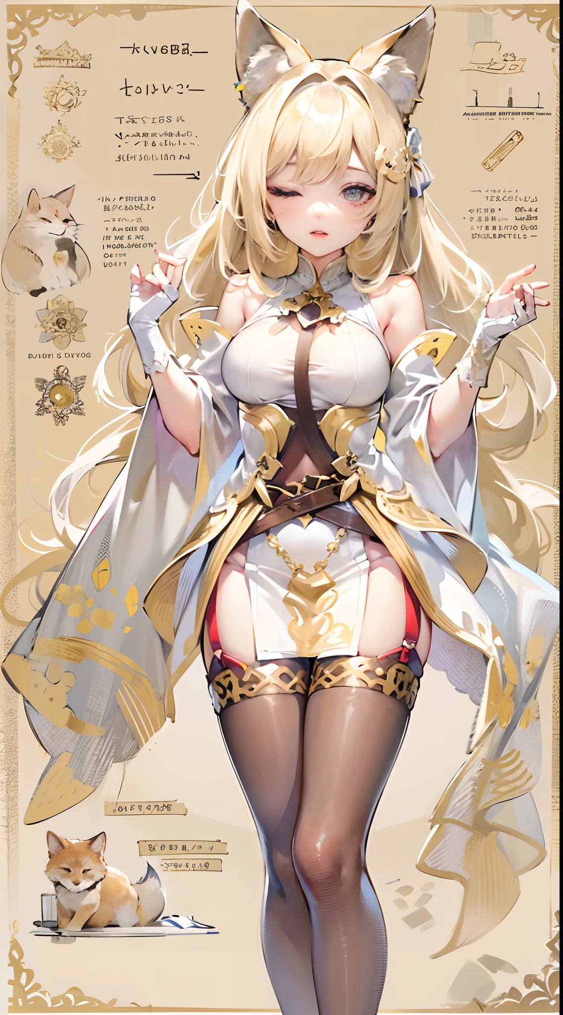 1个Giant Breast Girl,eye closeds,Gold stockings,No shoulder strap,Translucent dress,exposing thighs,White sleeves,nabel,cropped shoulders,Fox ears,Very flat chest,Stand up,coiffed blonde hair,long whitr hair,Whole body diagram