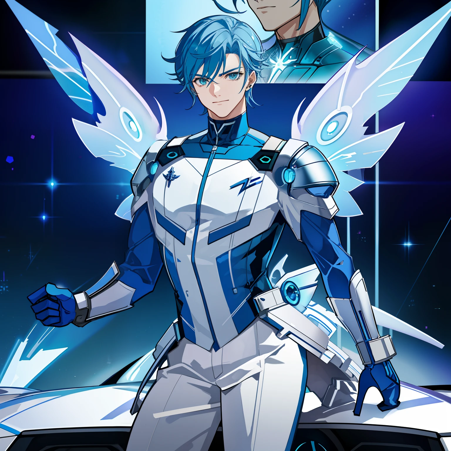 a blue robot man with fairy wings, huge pecs, gray face, standing next to a futuristic luxury car, amazing design, poster design, creative, cartoon - style image of a sexy man dressed as a fairy, extremely detailed artgerm,l, 2. 5 d cgi anime fantasy artwork, fanart best artstation, 8k high quality detailed art, ! dream artgerm, beautiful cyborg angel ma., as a mystical valkyrie, artgerm julie bell beeple, art of silverfox