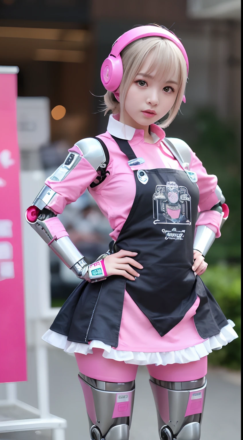 (Photorealsitic:1.4)、One lady、(top-quality)、(hyperdetailed face)、(Super well-formed face)、((Robot Parts))、(female robot)、(26 year old)、(Silver)、(pink there)、(metallic)、(full body)、(Sexy Pose)、(Slender body)、(Model body type)、(full body mech)、(Akihabara)、(is looking at the camera)、(A dark-haired)、(Proportioned woman)、(a small face)、(well-groomed fingers)、(Idol)、(front facing)、(Standing with legs open)、(Hands on hips)、(Photo session)、(Looks sad)、(Wear a pink apron)、(The Perfect Female Robot)、(Perfect mechanical body)
