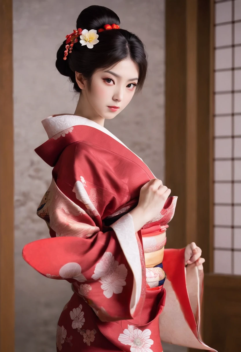 (((Japan traditional elegant sexy kimono red. Movie TV Portrait Theme Antique Edo Period.Great Olympiad.Twelve Uniforms.concubine. Bare shoulder))), (Layering kimono:1.3).Sitting in the hall. Edo Castle. Night view_mix4, 20d,A hyper-realistic:1.37),(SONY_a1.SEL50F12GM),16K HD,masuter piece, hyper photorealistic:1.3,((Clear lip details)),Beautiful breasts with F cups,Concubine in beautiful kimono. Detailed texture of the skin.