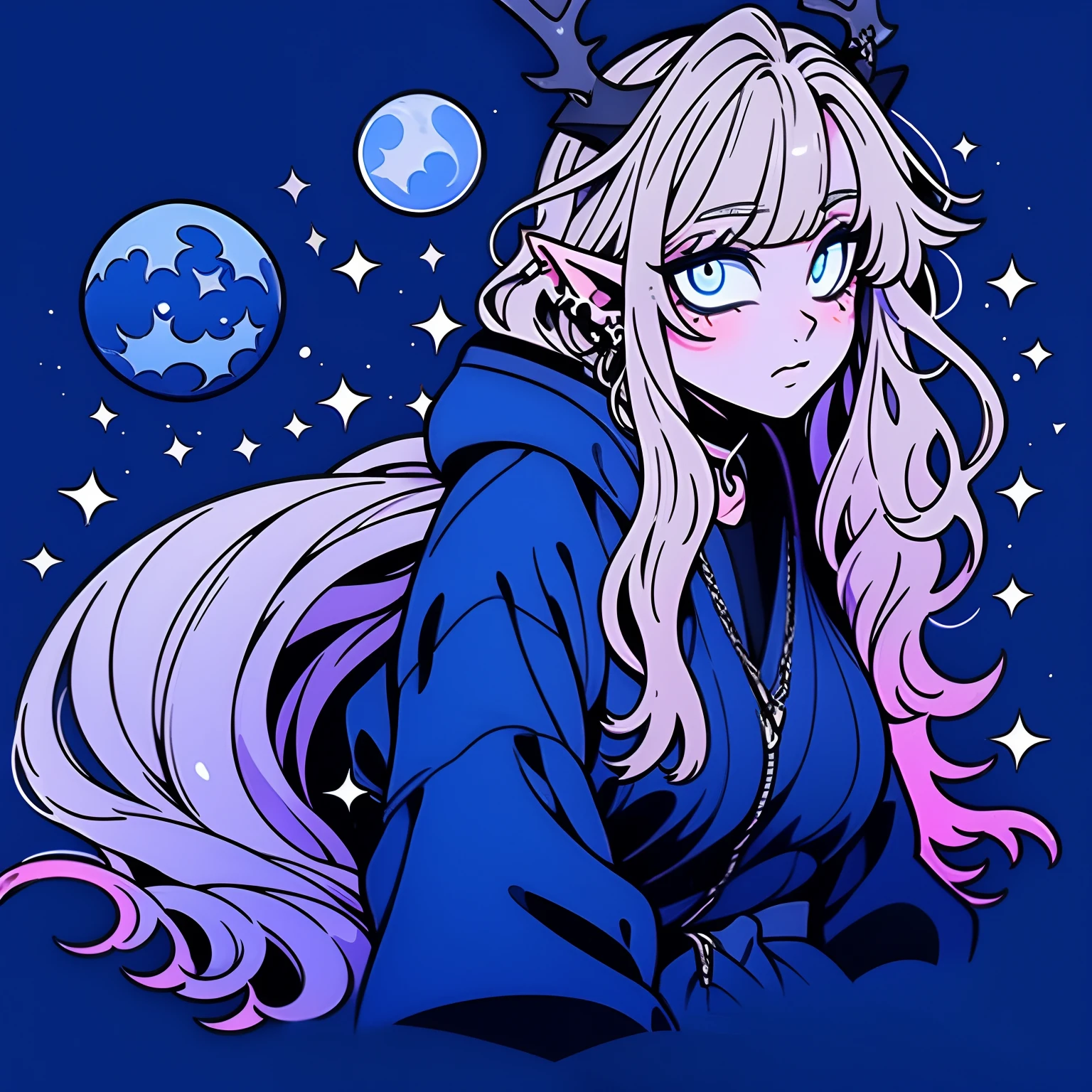 Elf ears, pointed ears, ((robe)), ((hood up)), ((hood with antlers)), Mysterious, Enigmatic, Otherworldly, Solitary, Sage, Lunar being, Moonlight, Silver-white hair, Shimmering blue and silver ribbons, Moonlit night, Reflective eyes, Deep wisdom, Melancholy, Slender, Graceful, Pale luminescence, Moonlight glow, Silver-white hair, Shimmering blue and silver ribbons, Reflective eyes, Silvery-blue glow, Moonlit night, Flowing gown, Phases of the moon, Dark blue, Deep purple, Silver and gold celestial patterns, Stars, Moons, Constellations, High collar, Hood, Silver amulet, Delicate chain, lantern, Moon, Gentle source of light, Silver rings, Moonstones, ((1boy)), ((simple background)), ((colored background)), wide hips, full body, ((pin up)), ((big butt)), ((big eyes)), ((colored skin)), (((robes))
