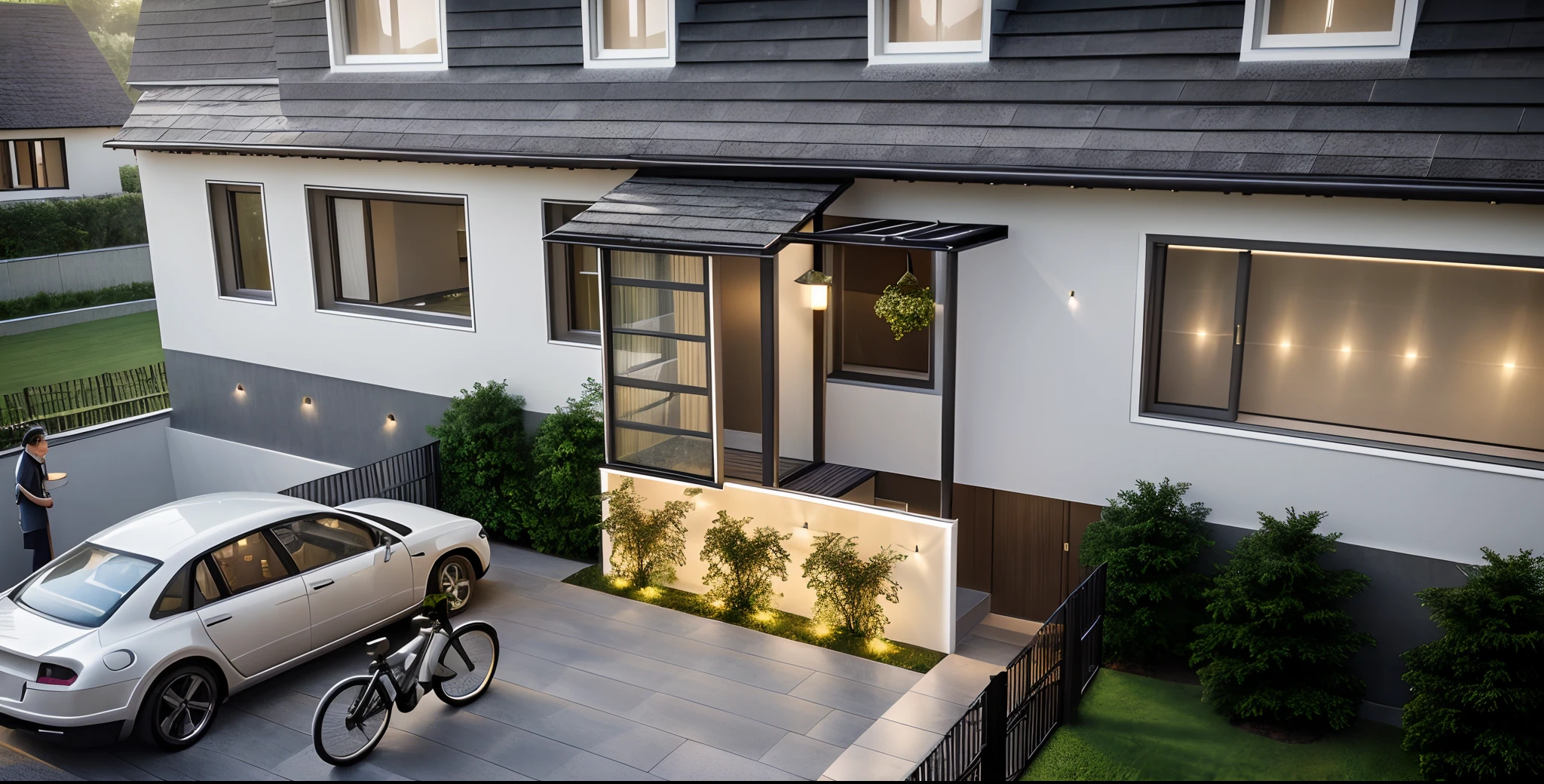 Country house, stone roof, white painted walls, glass doors, tiled front yard, front road,(((best quality, masterpiece))), (surreal, optics: 1.2), high quality, perfect light, (residential) modern house, villa, modern, dynamic light, super bright, (light from inside house), ((daylight:1.3)), peaceful, romantic, (sharp image), vray, 8k