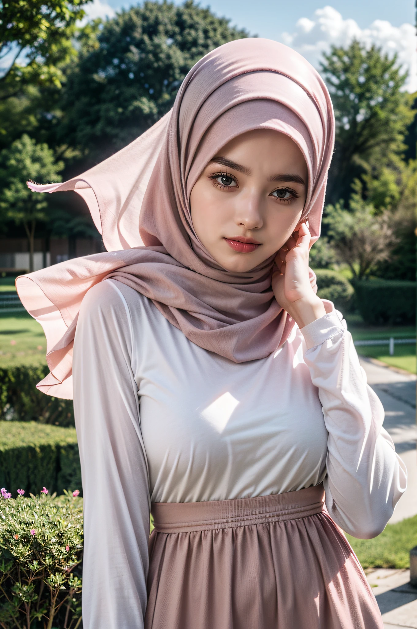 long tshirt Outfit, (RAW photo, Materpiece, Best Quality), Flower Mountain, Landscape view, Natural Weather style, on the Cloudy aesthetic, Modelling Posing, Clothes that are covered and polite, long-sleeved Hijab clothes, look polite and elegant, ((Best Quality Hijab Hair, Hair close with Hijab)), (Mixed Albanian, Germany, British, Khushi Kapoor), Full Body Close-Up, (realistic, photo-realistic:1.3), Head Covered With Hijab, Pinafore Dress, best quality of Hijab Girl, Full Hijab Dress, highly detailed Hijab, masterpiece, ultra-detailed, illustration, 1girl, upper_body, dynamic angle, world masterpiece hijabi, best Quality, extremely detailed CG unity 8k wallpaper, pink ink, Amazing, cinematic lighting,