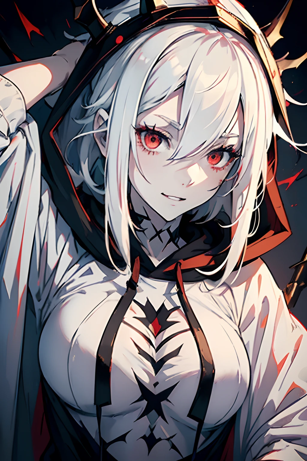 ((masterpiece, best quality)), (1girl, anime girl in dark prison),(mature, headdress), (solo), (female focus), (white hair, messy hair),red eyes, ((black hoodie, pale skin)), pale skin, evil laugh, vicious smile, portraits, close up, upper body, vibrant colors, soft lighting