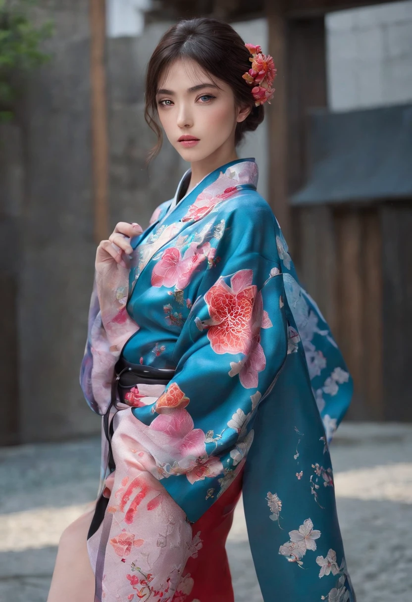 (Sony_a1, SEL50F12GM), (in 8K, Raw photo, Best Quality, masutepiece:1.2), (Realistic, Photorealsitic:1.37),1girl in, Night, Professional Lighting, Photon mapping, Radio City, japanes, Traditional kimono, greybackground, Engaging pose, Look up at the viewer,