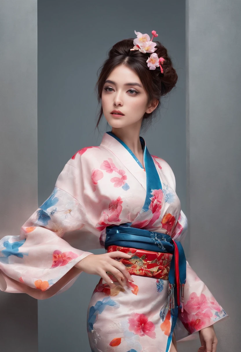 a close up of a woman wearing a colorful dress and earrings, showing her shoulder from back, pale and coloured kimono, frilled blooming collar, close up half body shot, draped in fleshy green and pink, wearing pink floral chiton, with colourful intricate, backview, photo still of behind view, close-up shot from behind, wearing pink floral gown,  ((film grain, skin details, high detailed skin texture, 8k hdr, dslr)), photography taken by sony DSLR, Hd image