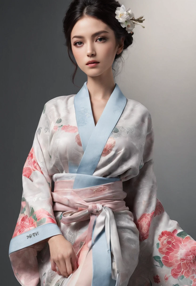 (Sony_a1, SEL50F12GM), (in 8K, Raw photo, Best Quality, masutepiece:1.2), (Realistic, Photorealsitic:1.37),1girl in, Night, Professional Lighting, Photon mapping, Radio City, japanes, Traditional kimono, greybackground, Engaging pose, Look up at the viewer,