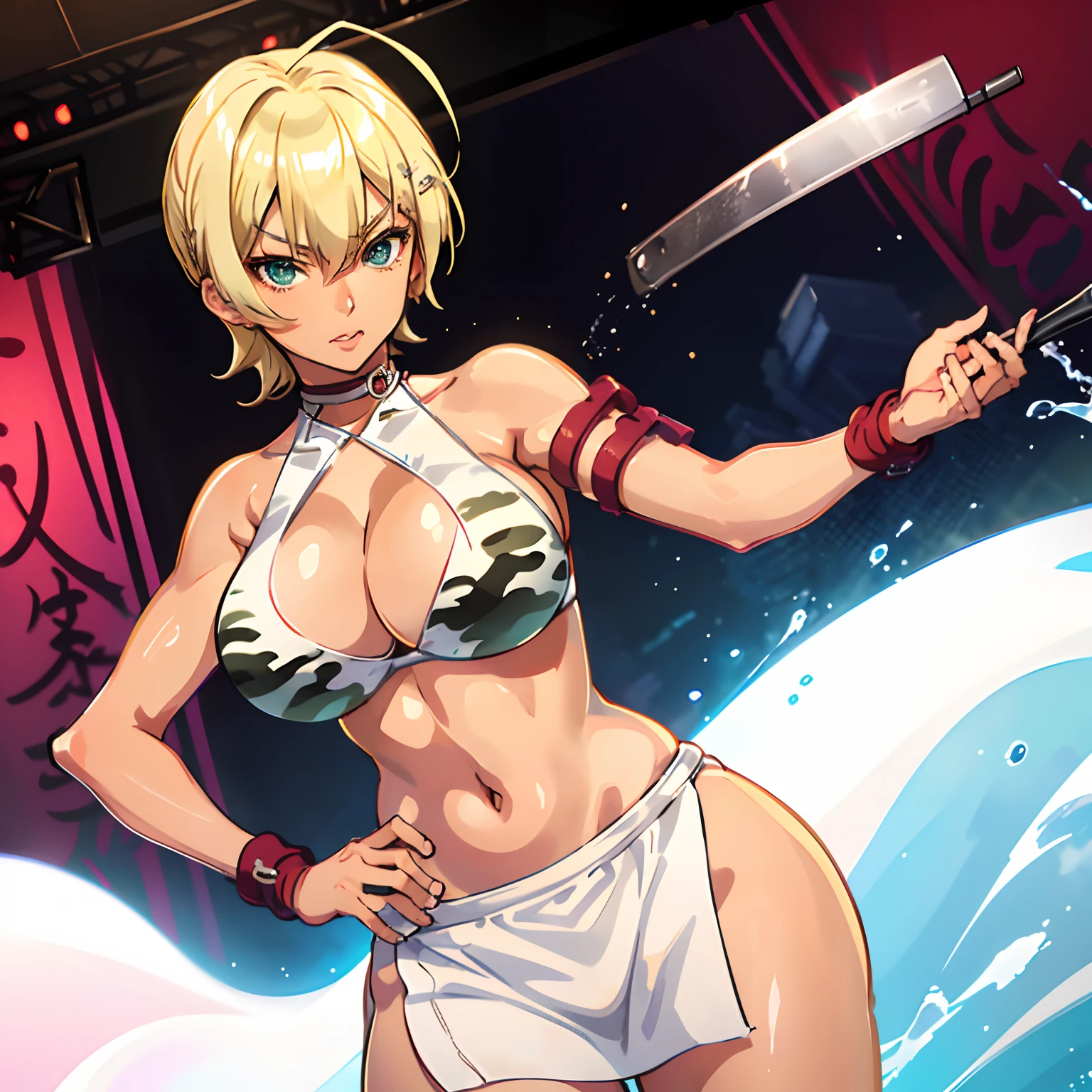 Ikumi has short blonde hair with an ahoge, or a strand of hair that stands out, brown skin and turquoise eyes. However, she has green eyes in the anime. She also has a noticeably curvy figure and large breasts, which she often shows off through the outfits she wears. (Big boobs) In more casual settings, Ikumi usually wears a crop top or sometimes a regular shirt. For a swimsuit, she generally wears a dark camo-style bikini. (Alone) (Chef holding a cleaver)