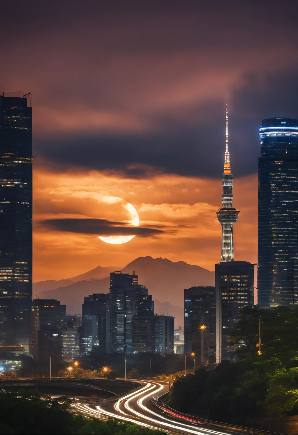 Huge crescent、high-level image quality、primitive、Stand at Tokyo Skytree、20-year-old woman、nighttime scene、milky ways、Andromeda Nebula、Tokyo streets、Flowing light、Metropolitan Expressway Interchange、fort、Rainbow bridge、Approaching planets，High mountains in the distance，A Chinese dragon looming in the clouds