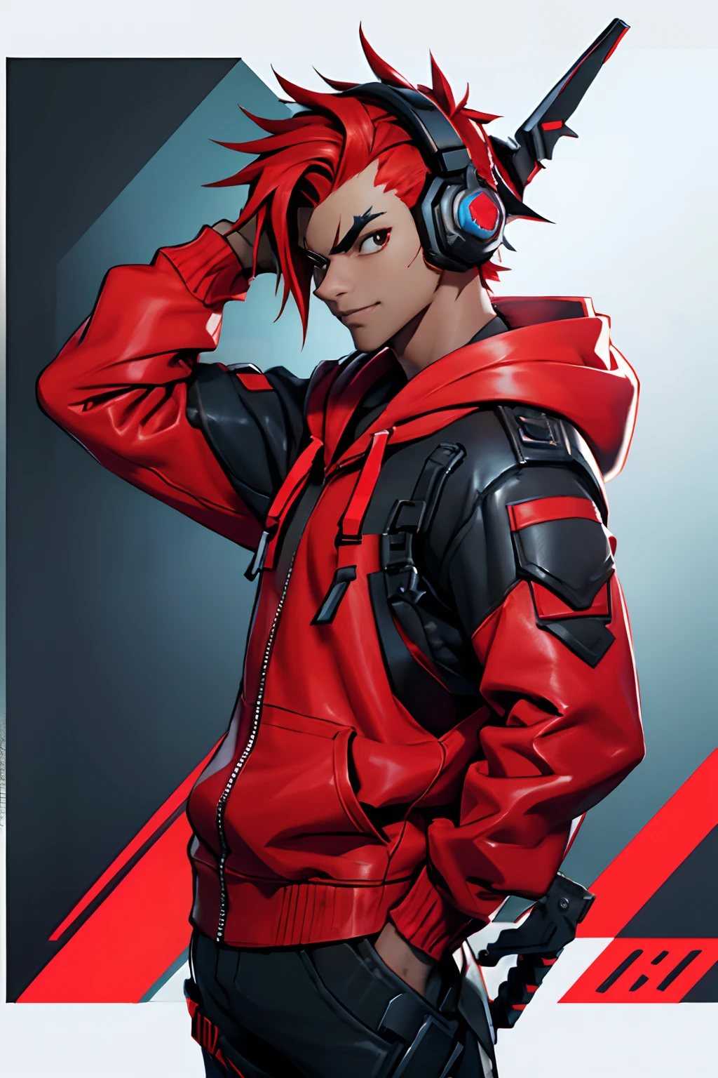 anime gaming character holding buster sword over shoulder, handsome male concept art, spiked red hair, techwear red hoodie cyberpunk style street runner mirrors edge, wearing gaming headset, male gaming valorant art style, spider verse, fortnite character art, 3d gaming character pose, looking at camera