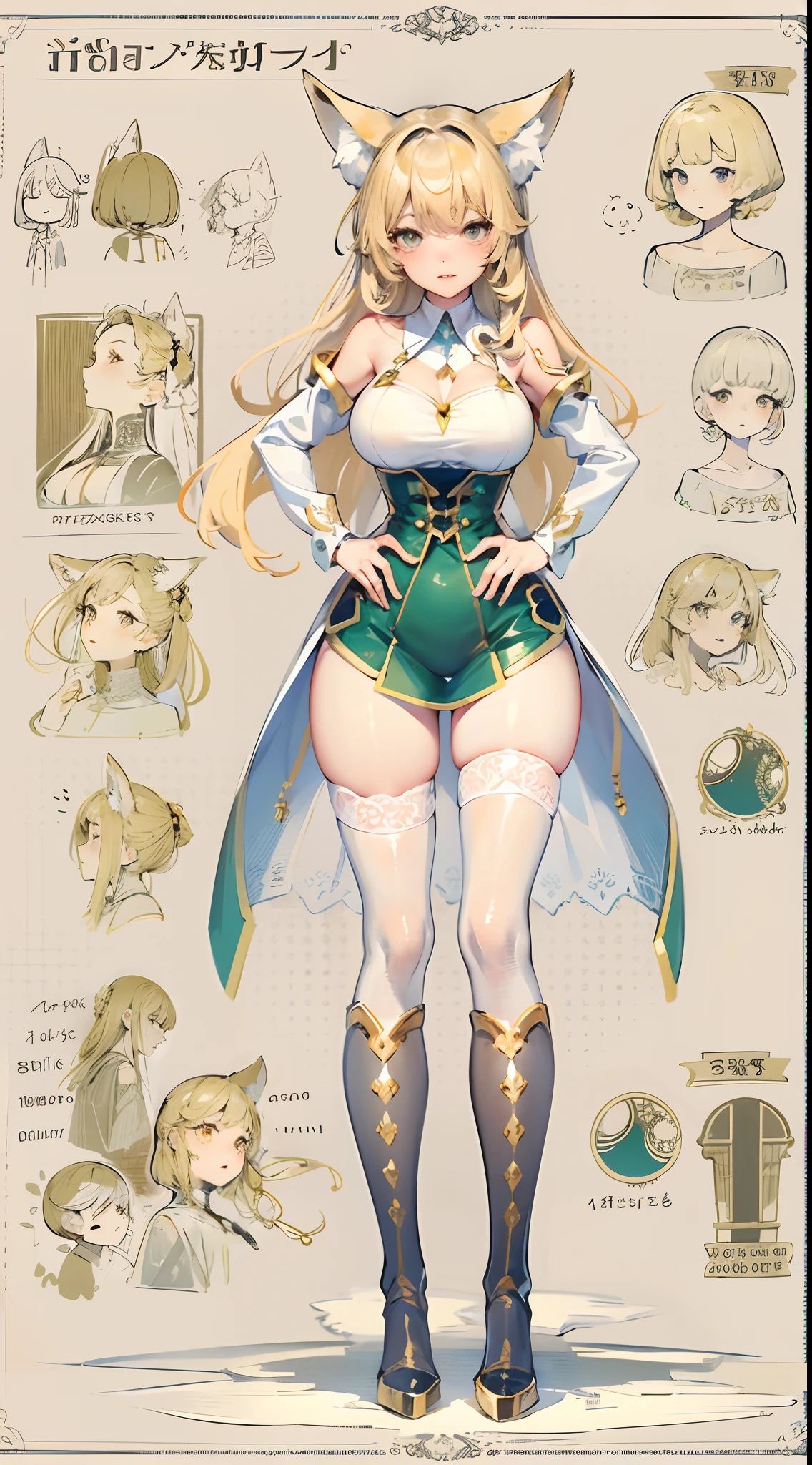 1个Giant Breast Girl，Gold stockings，No shoulder strap，Translucent dress，Exposing thighs，White sleeves，nabel，cropped shoulders，Fox ears，Very flat chest，Stand up，coiffed blonde hair，long whitr hair，Whole body diagram，huge tit，cleavage，(Pubic bone)，Human body structure