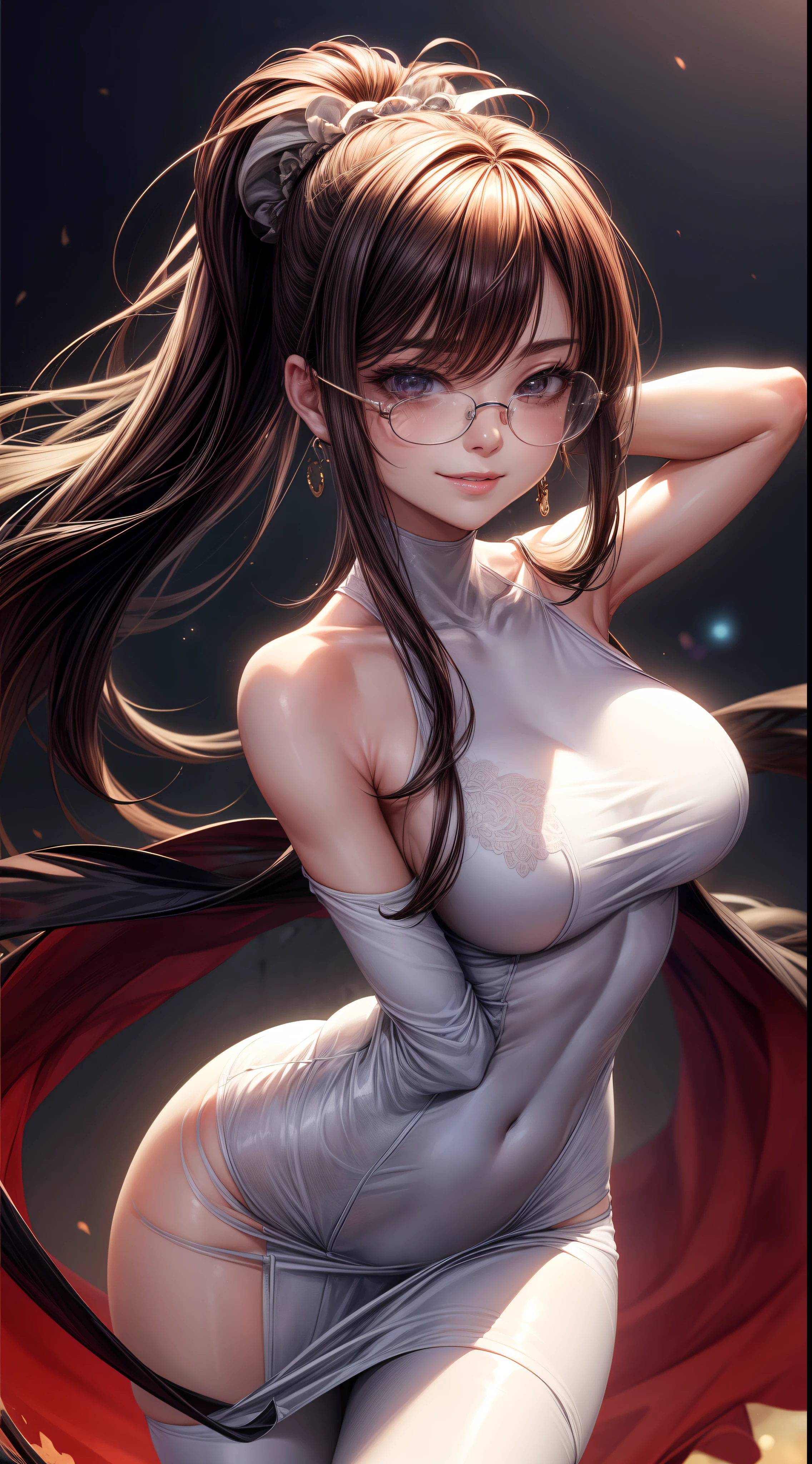 8K, masutepiece, Raw photo, Best Quality, Photorealistic, Highly detailed CG Unity 8k wallpaper, depth of fields, Cinematic Light, Lens Flare, Ray tracing, (Extremely beautiful face, Beautiful lips, Beautiful eyes), intricate detail face, ((Ultra detailed skin)) 1girl in, In the Dark, deepshadow, Pretty Korean girl, Kpop Idol, 1 girl, (Very slim and slender fit muscular body:1.3), ((Looking at Viewer)),(Big smile:1.3), (Blurred background),(No people in the background:1.3), Beautiful earrings, Bracelets, pantyhose, Clear eyes, Walking, (pale skin), (Big eyes), Face forward, (Brown hairs), (Full body shot), ((Race Queen:1.3)), ((tight fitted)), , (Looking at Viewer:1.3) opened breast, Very slim, medium breasts, backtrack, (Back shot), ass forcus, Before the eyebrows,(Tight Dress), thick thighs,Frameless glasses,Beautiful ponytail,Racetrack,Cosplay