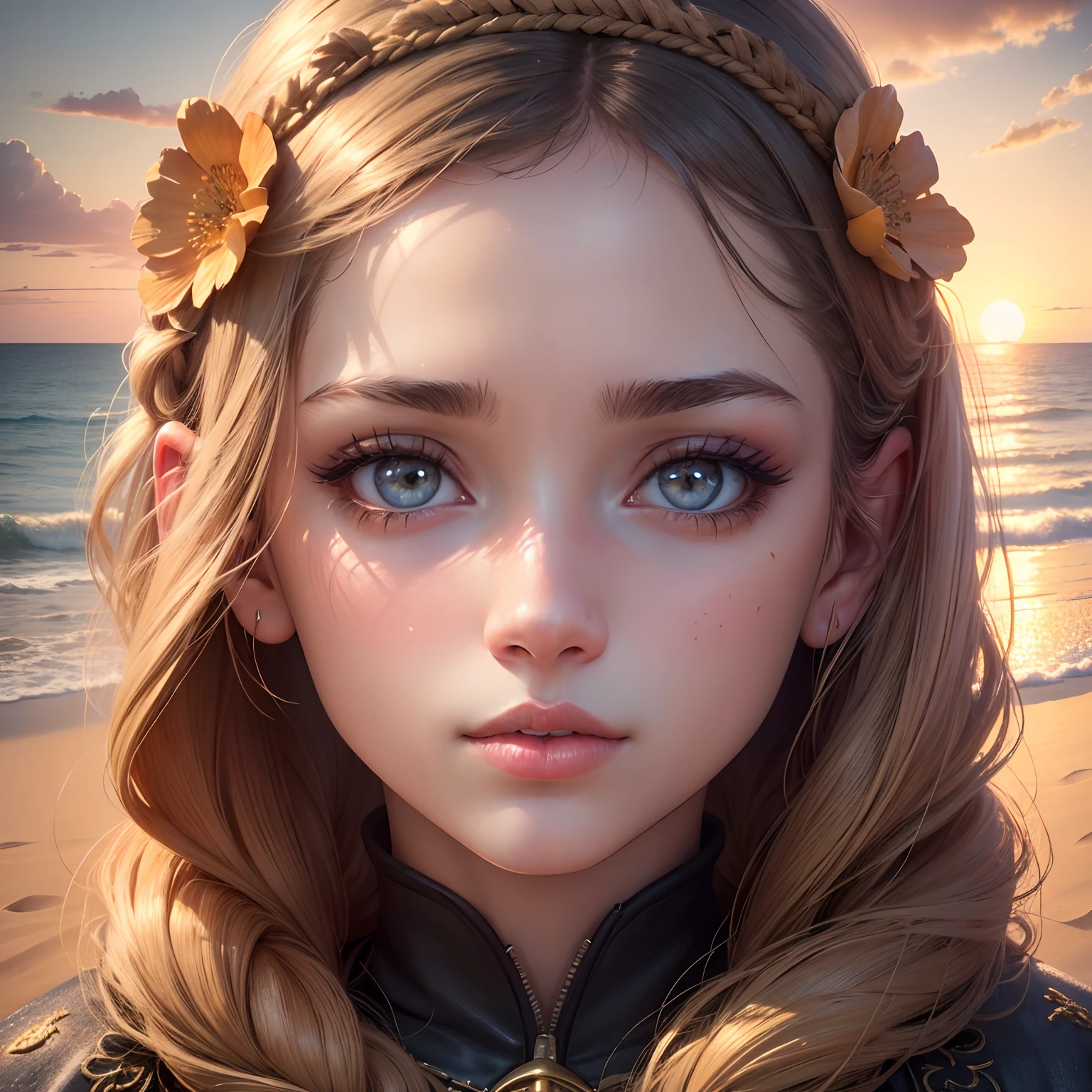A girl, beautiful detailed eyes, beautiful detailed lips, extremely detailed eyes and face, long eyelashes, (best quality, 4k, highres, masterpiece:1.2), ultra-detailed, realistic:1.37, portraits, vibrant colors, sunset, golden light, glowing clouds, ocean waves, sand dunes, crabs, silhouettes, reflections, tranquility, coastal scene, peaceful atmosphere