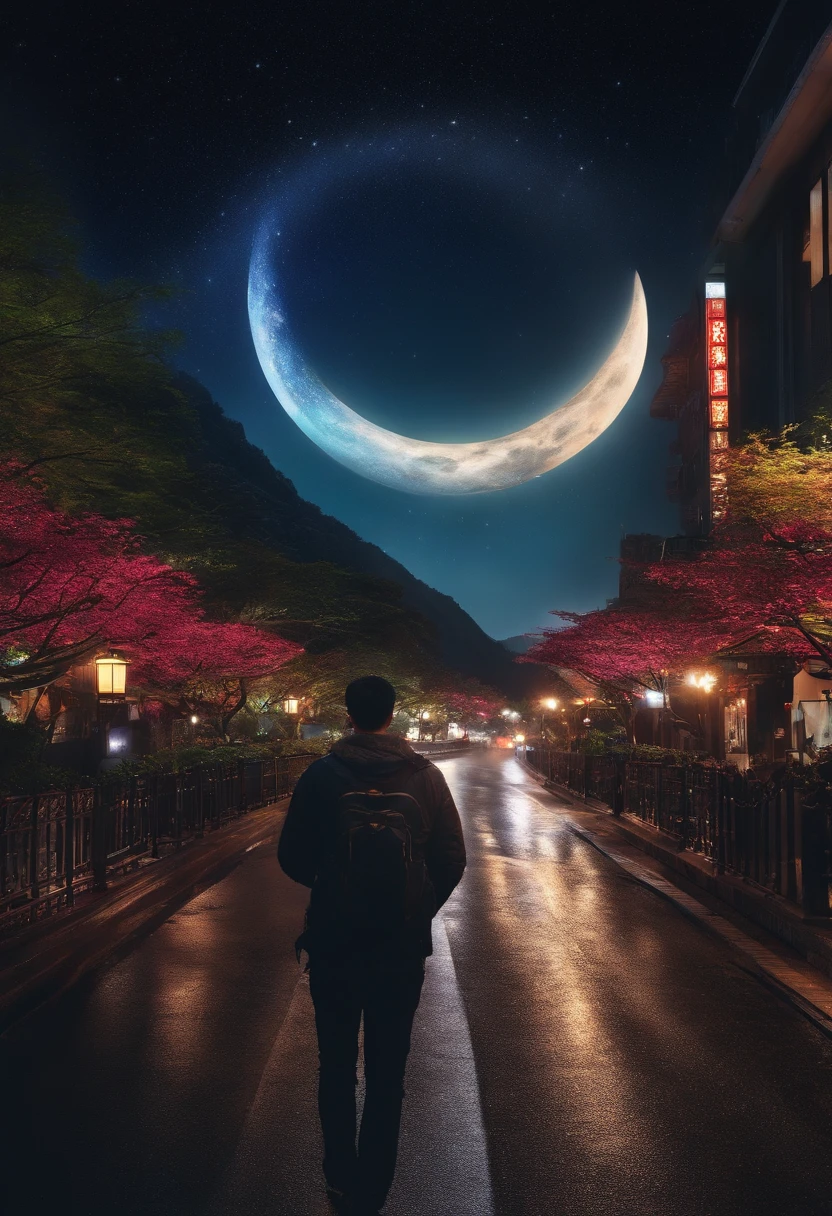 "(best quality,highres,masterpiece:1.2),enormous crescent moon,nighttime,galaxy,fairy nebula,Tokyo streets,moving lights,converging highways,rainbow bridge,approaching planet,distant mountains,elusive Chinese dragon"