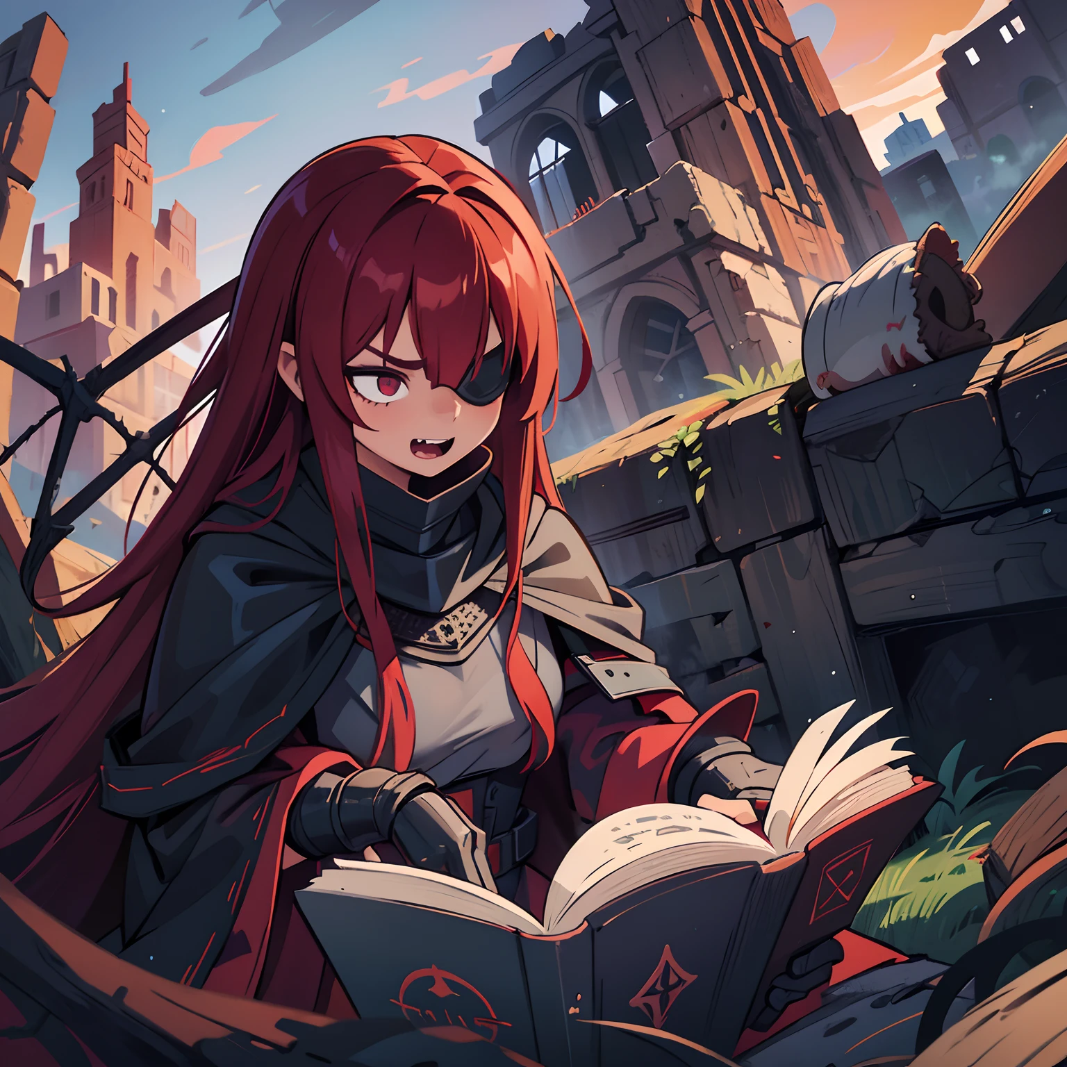 A girl with long red flowing hair, Wear a black blindfold to cover one eye, The other eye is blue, Wears black lightweight armor, Draped in a long red cloak, Fangs on the mouth, Against the background of ruins, Leaning against a tree and reading a book.