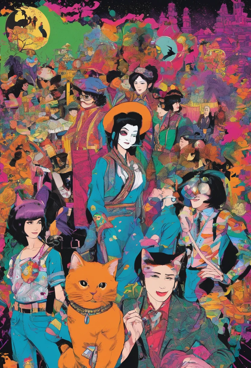 Picture of a group of 6 Japan people in their 20s enjoying a Halloween party, Trending in art stations, dressed in punk clothing, Detailed, ultra-realistic rendering, British gang member, Street style, intimidating pose, planet of the cats, Fashion clothes, Urban Samurai, meow, West Slavic traits, 8 1 5, animations