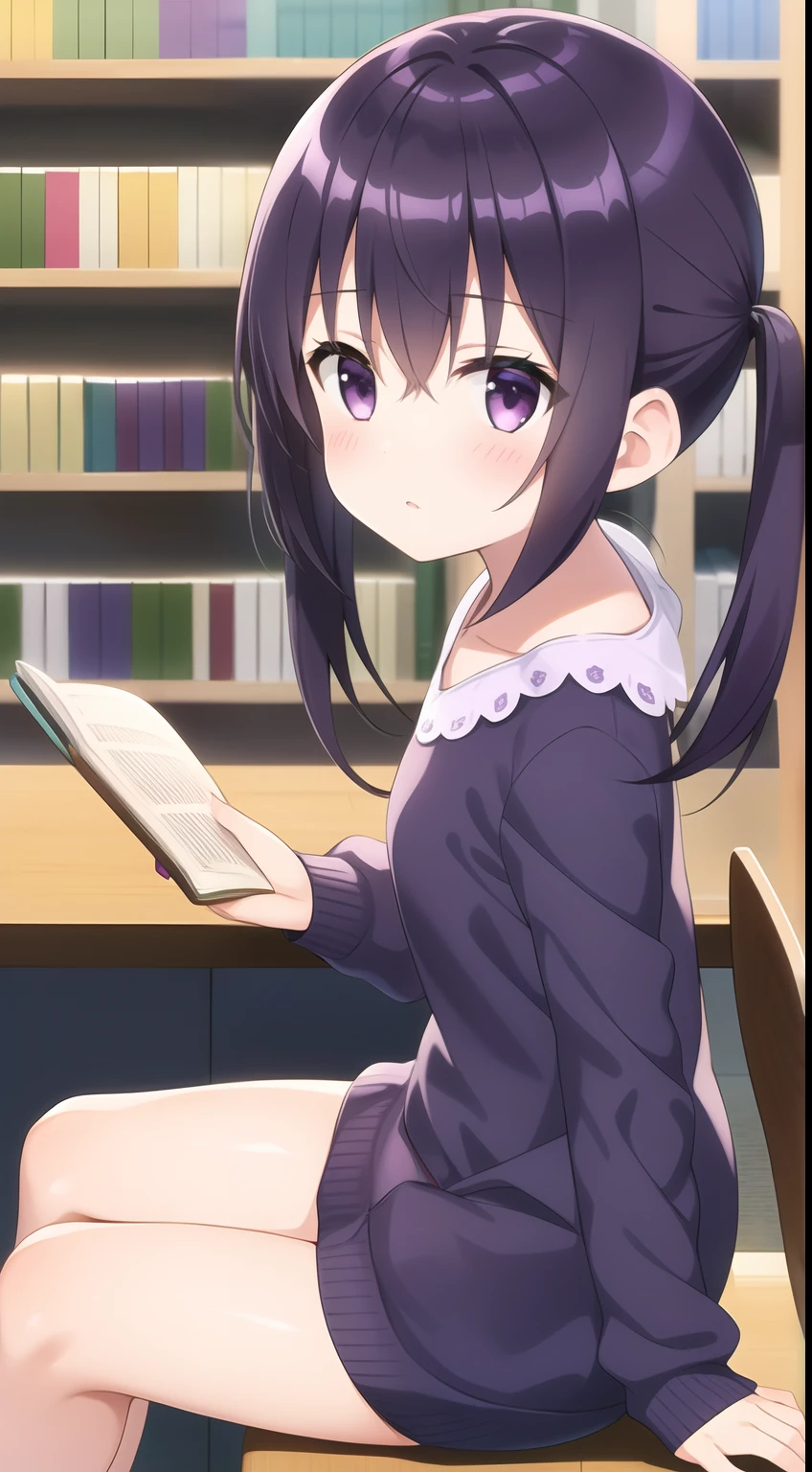 masterpiece, 1girl, (purple black hair), twin tails, (library), (I read a book), sit, from side, looking side