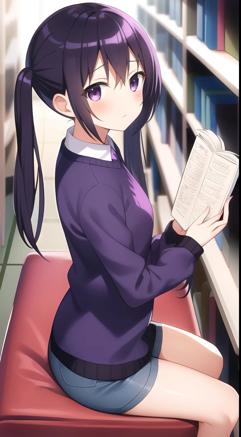 masterpiece, 1girl, (purple black hair), twin tails, (library), (I read a book), sit, from side, looking side