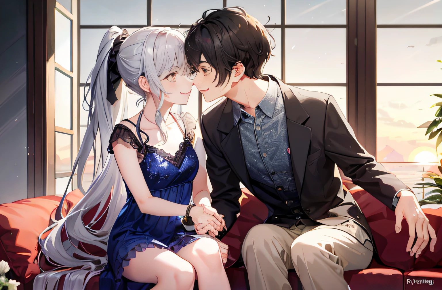 1 brown-eyed male boy with short black hair in full spring suit and 1 long curly and messy wavy silver hair high ponytail yellow eyes writhing girl in full spring dress juliet long slevess smiling, (Boy with girl smiling), (Boy with girl smiling and loviling)